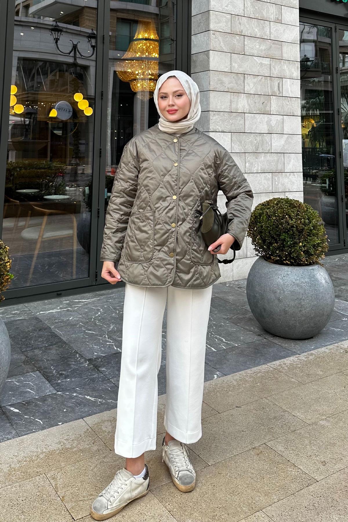 Kapitone Desen İnce Ceket Küf Yeşil