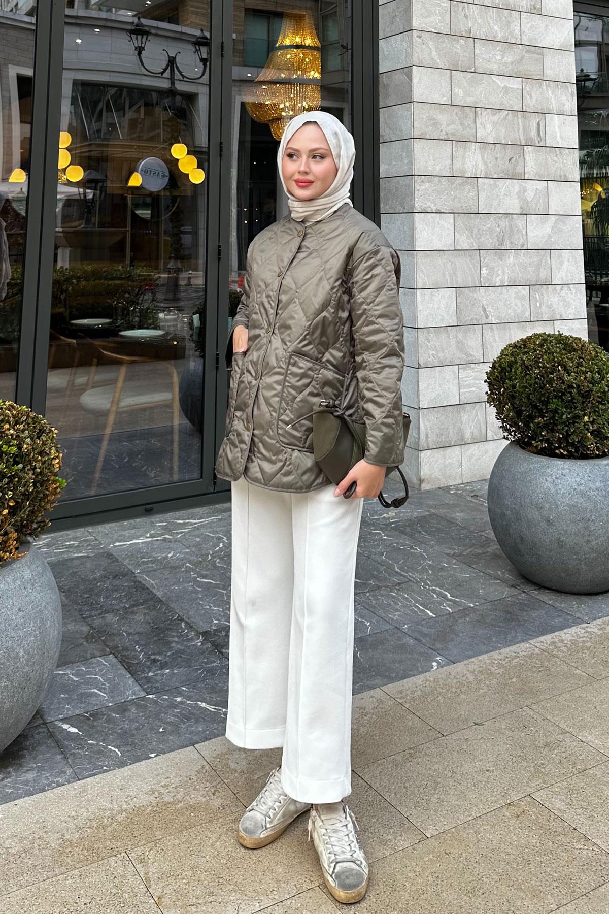 Kapitone Desen İnce Ceket Küf Yeşil