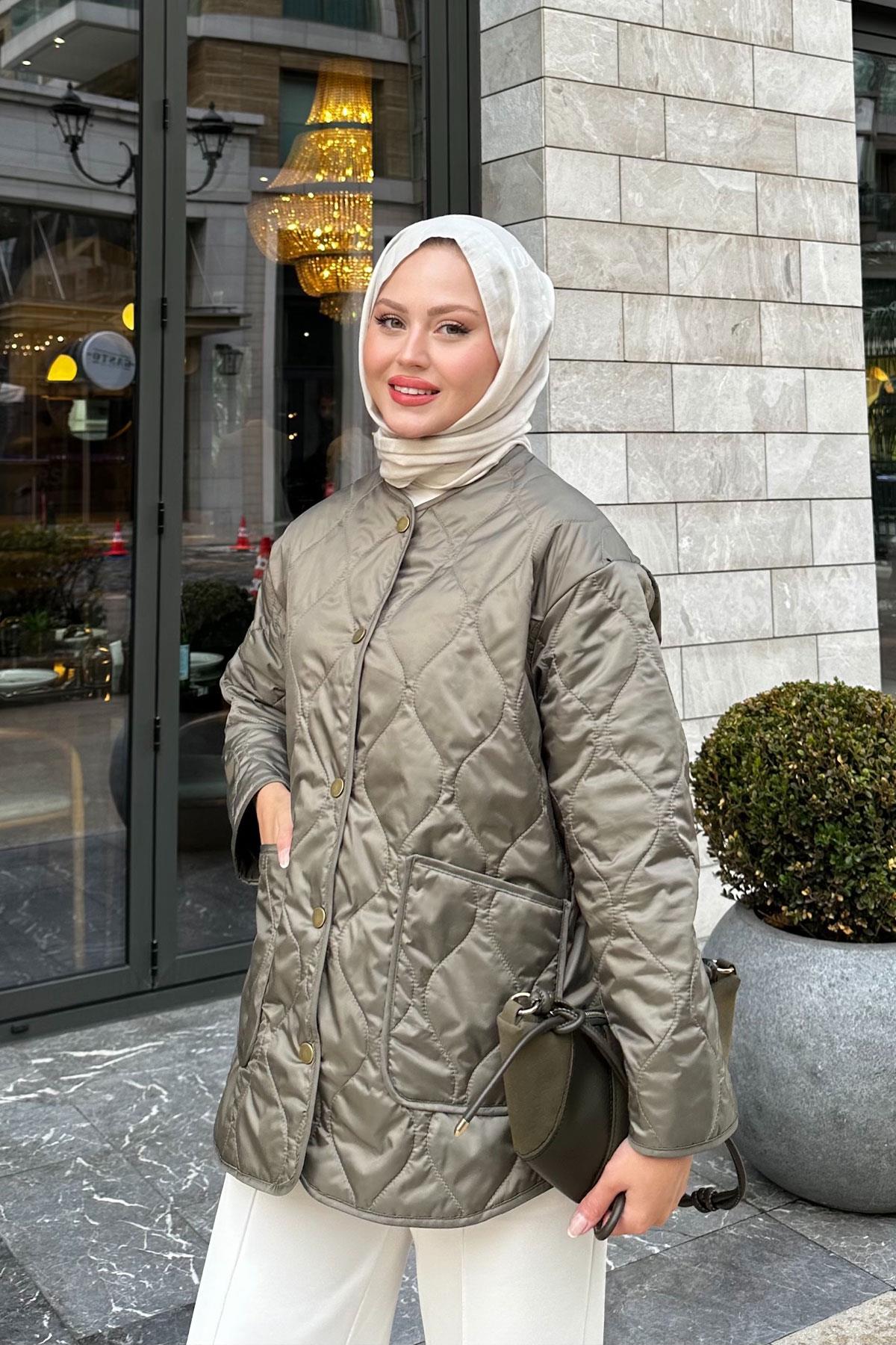 Kapitone Desen İnce Ceket Küf Yeşil