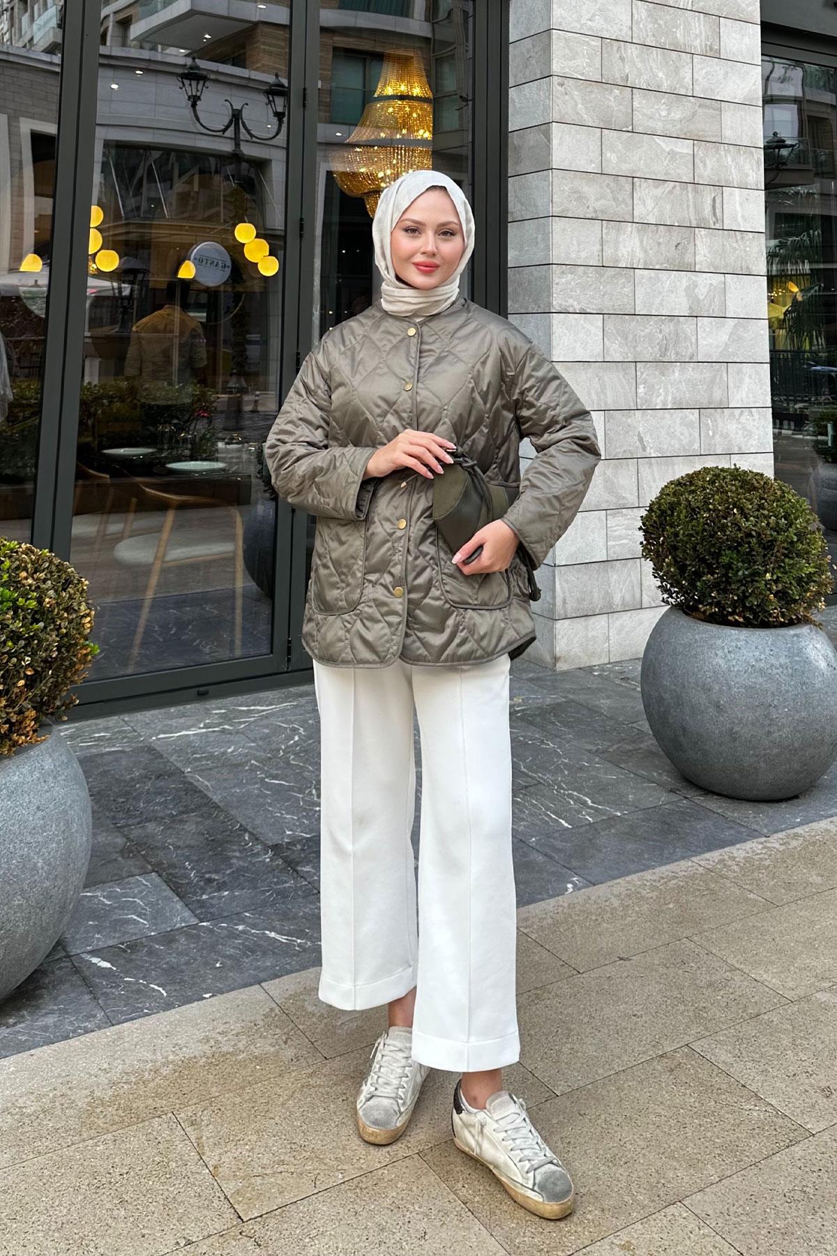 Kapitone Desen İnce Ceket Küf Yeşil