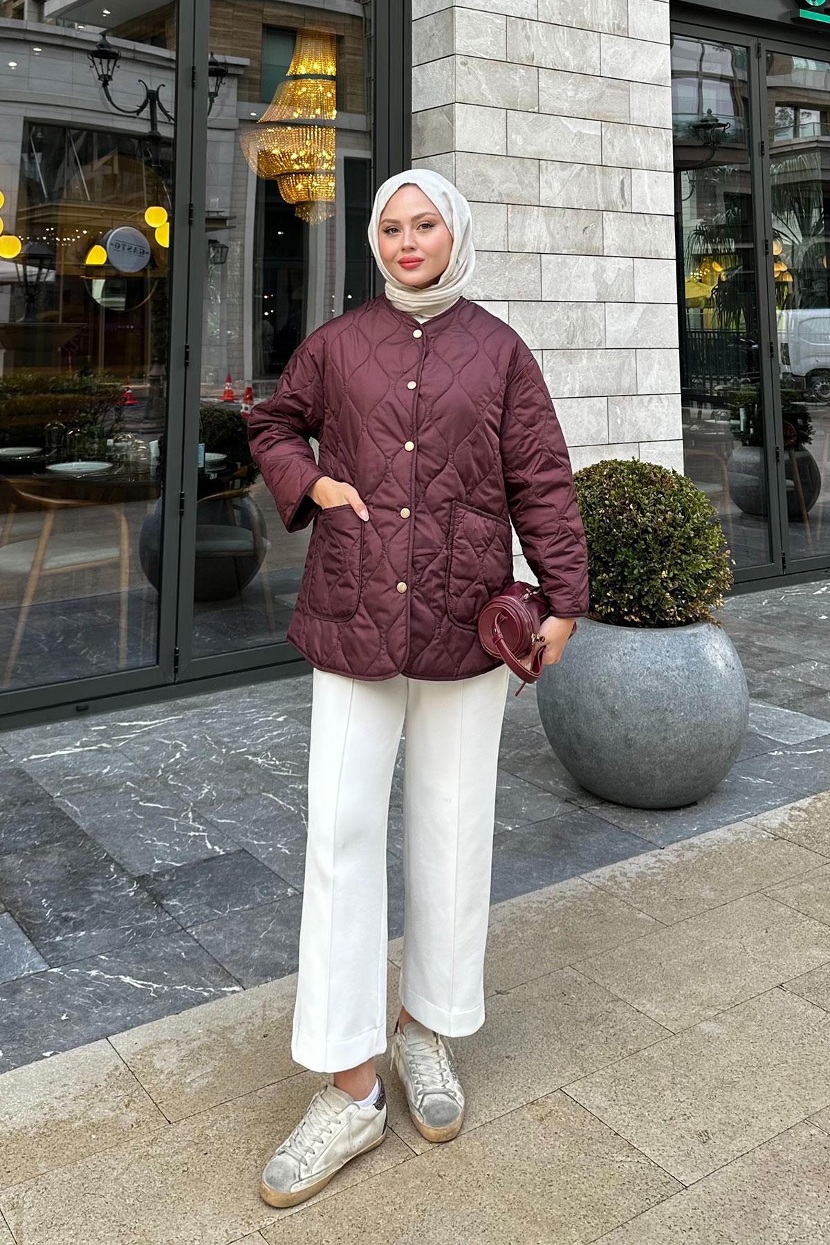 Kapitone Desen İnce Ceket Mürdüm