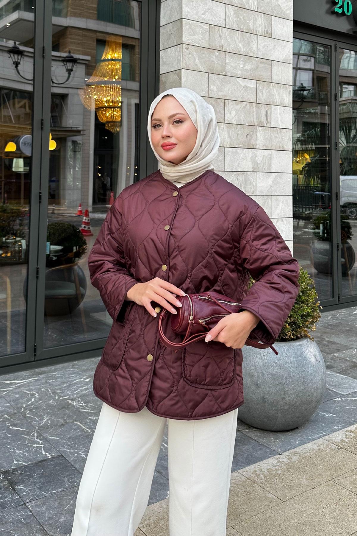 Kapitone Desen İnce Ceket Mürdüm