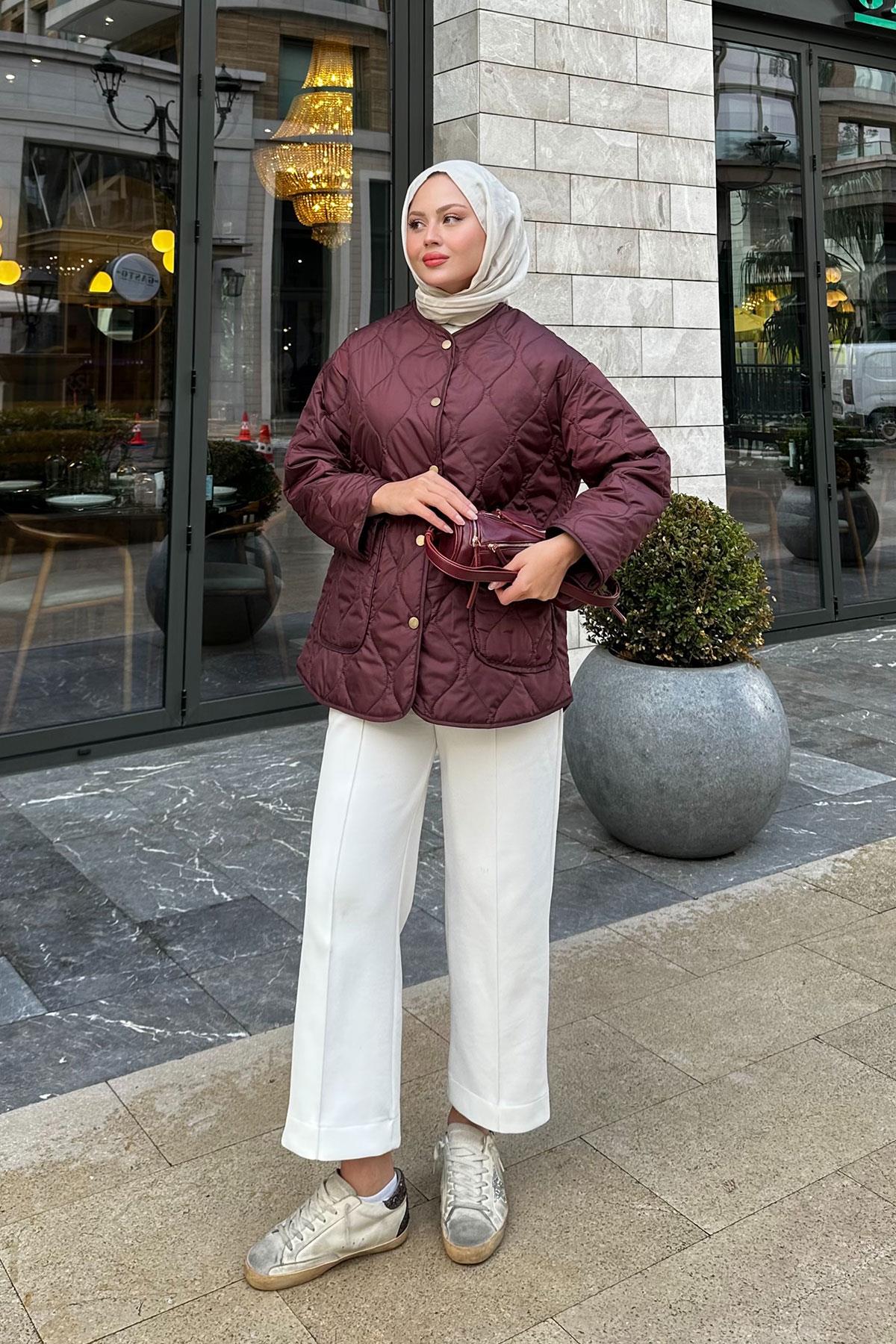 Kapitone Desen İnce Ceket Mürdüm