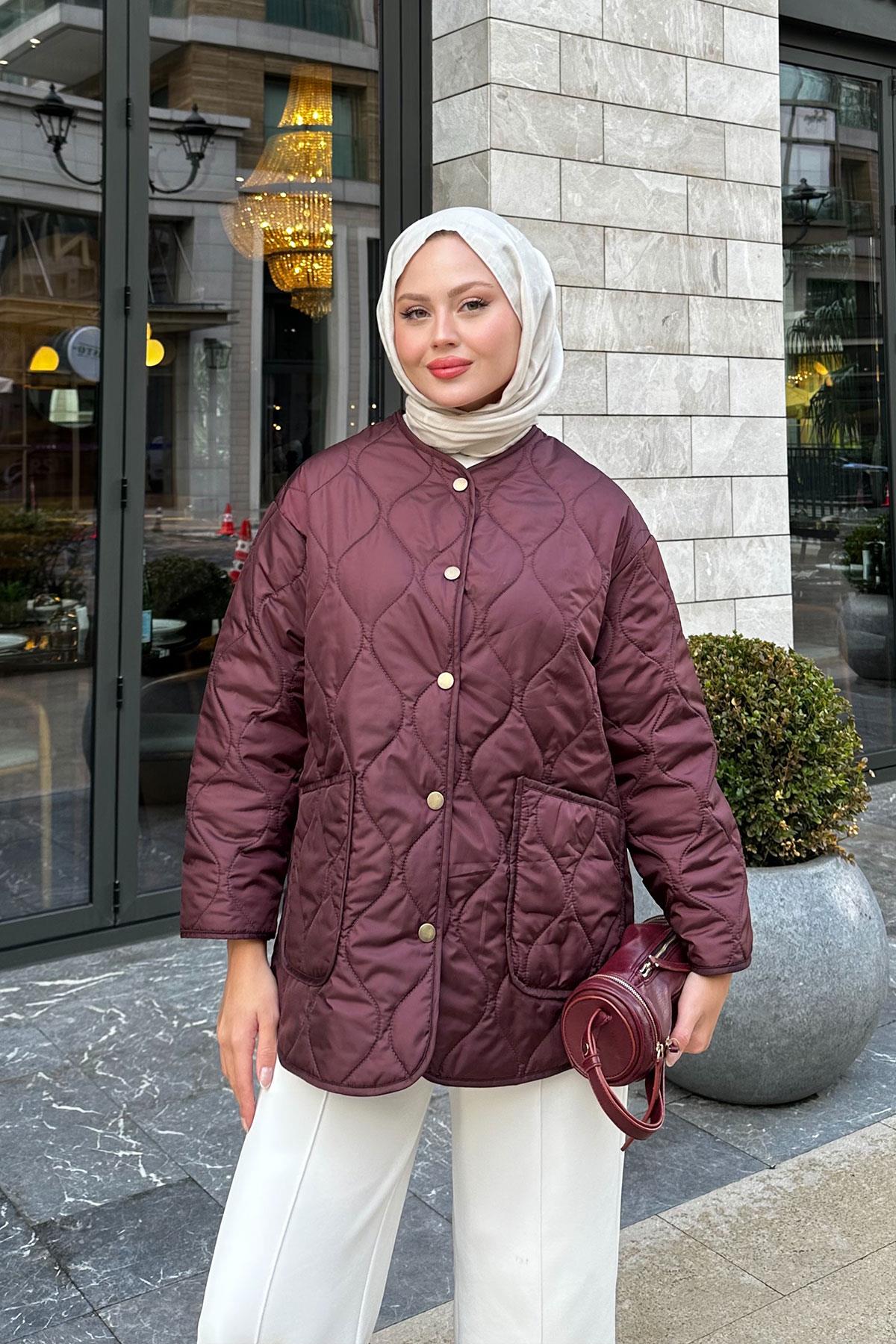 Kapitone Desen İnce Ceket Mürdüm