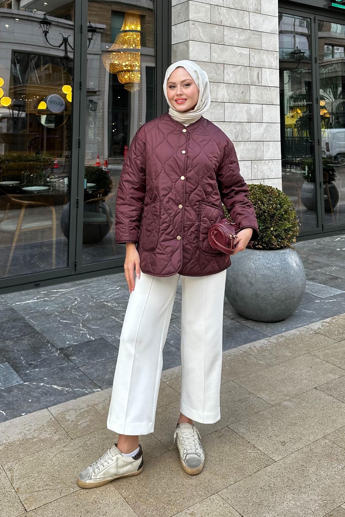 Kapitone Desen İnce Ceket Mürdüm