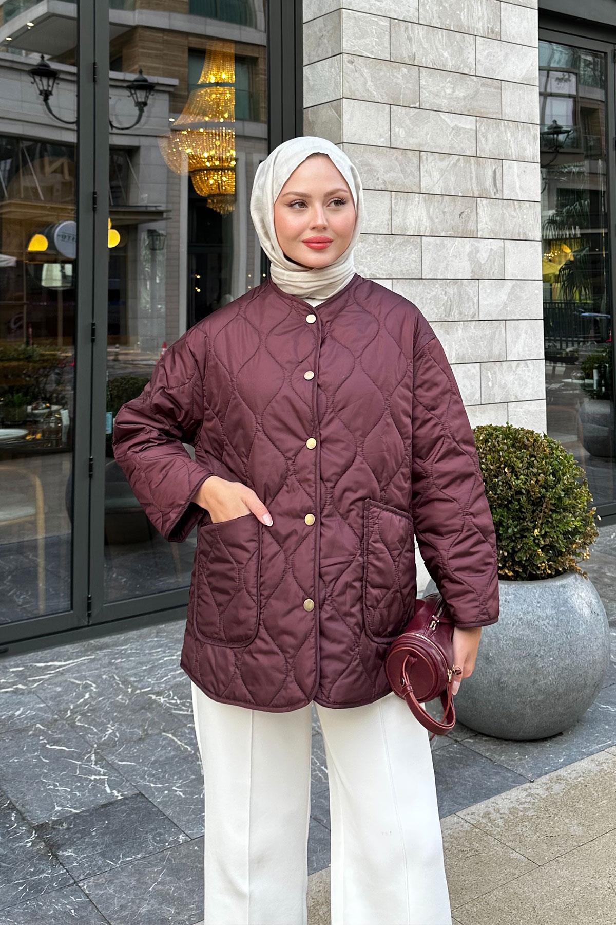 Kapitone Desen İnce Ceket Mürdüm