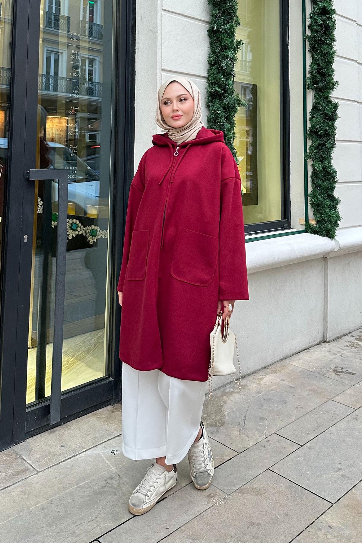 Kapüşonlu Fermuarlı Ara Boy Kaşe Bordo