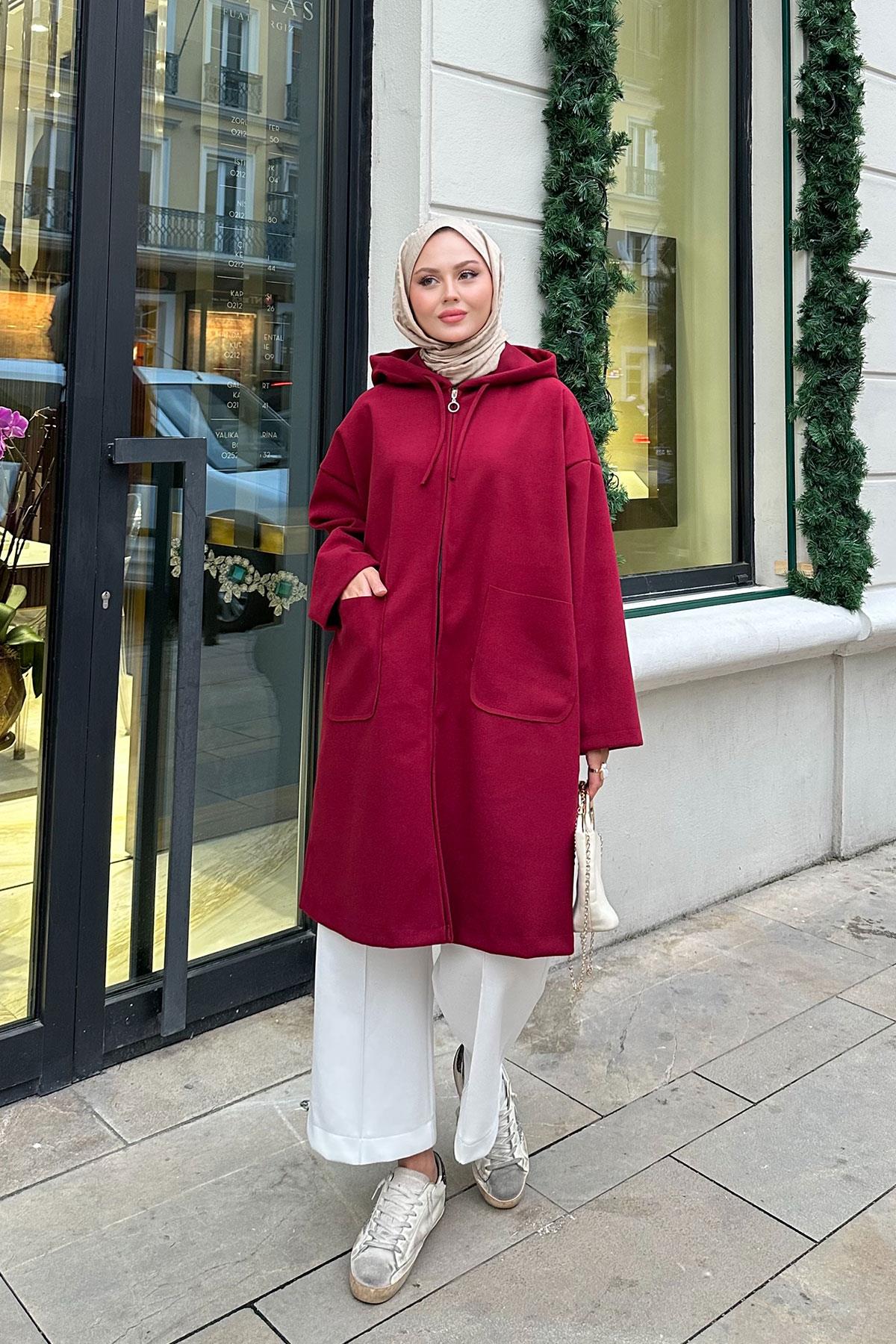 Kapüşonlu Fermuarlı Ara Boy Kaşe Bordo