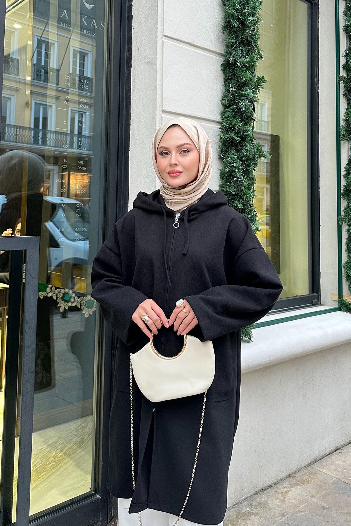 Kapüşonlu Fermuarlı Ara Boy Kaşe Siyah