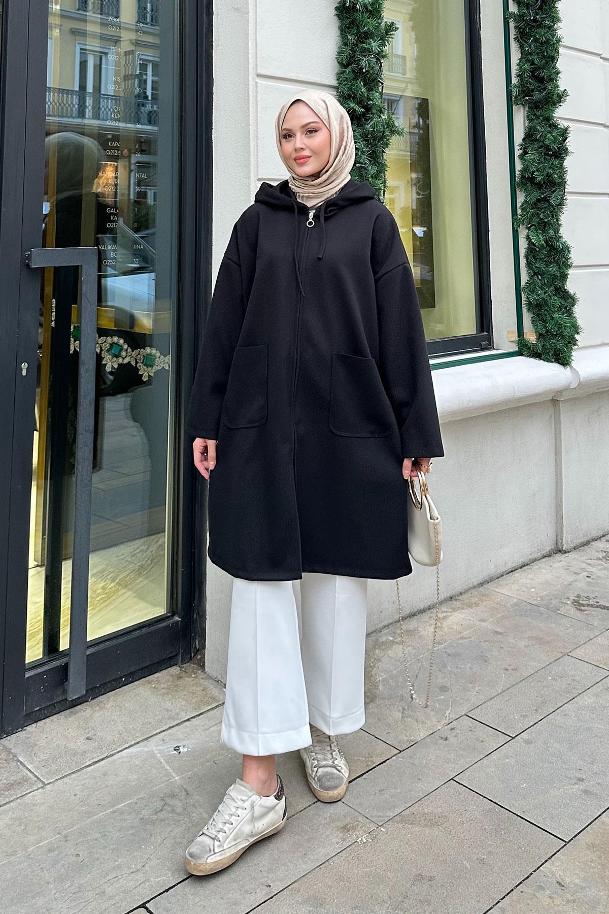 Kapüşonlu Fermuarlı Ara Boy Kaşe Siyah