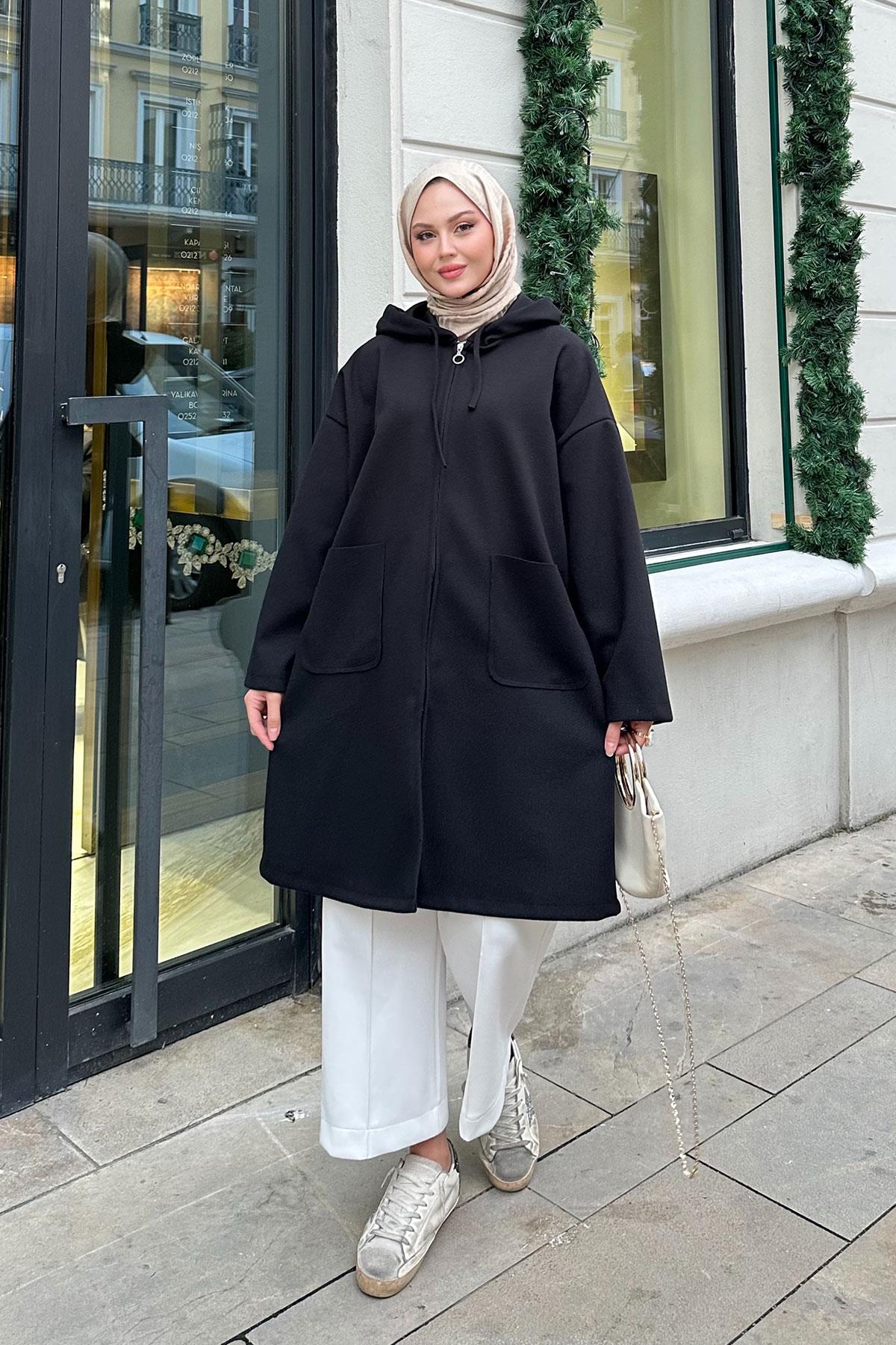 Kapüşonlu Fermuarlı Ara Boy Kaşe Siyah