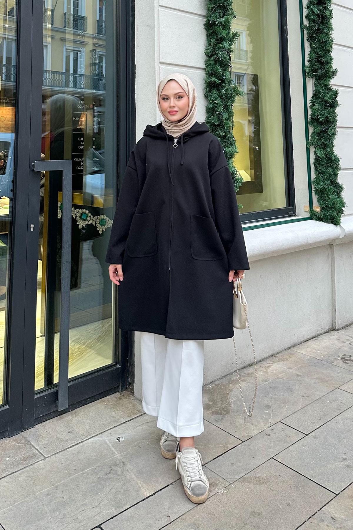 Kapüşonlu Fermuarlı Ara Boy Kaşe Siyah