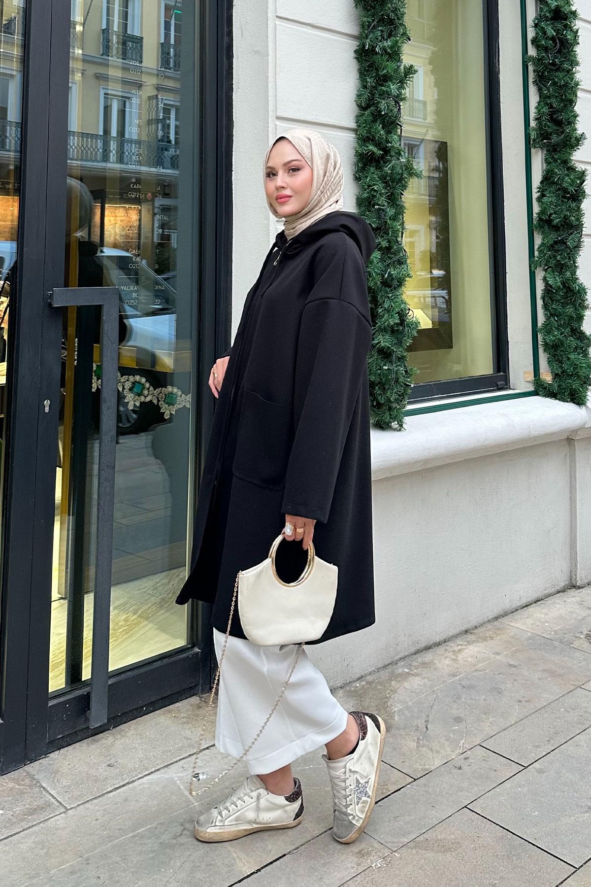 Kapüşonlu Fermuarlı Ara Boy Kaşe Siyah