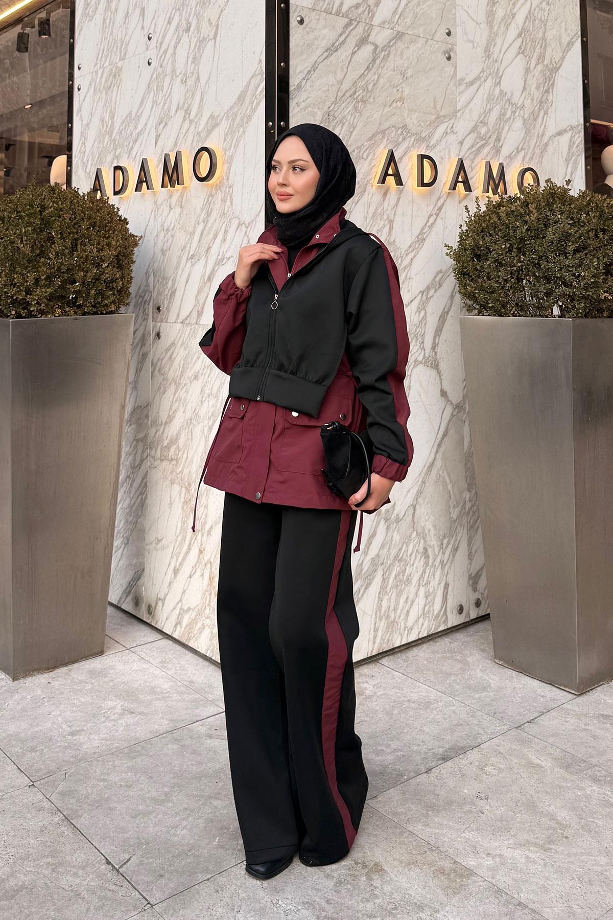 Kapüşonlu Garnili İkili Takım Siyah