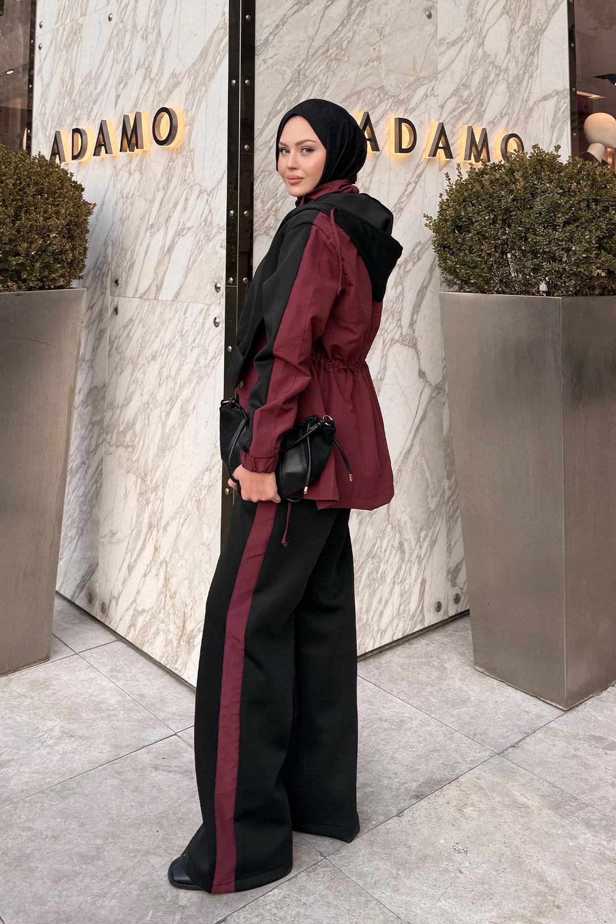 Kapüşonlu Garnili İkili Takım Siyah