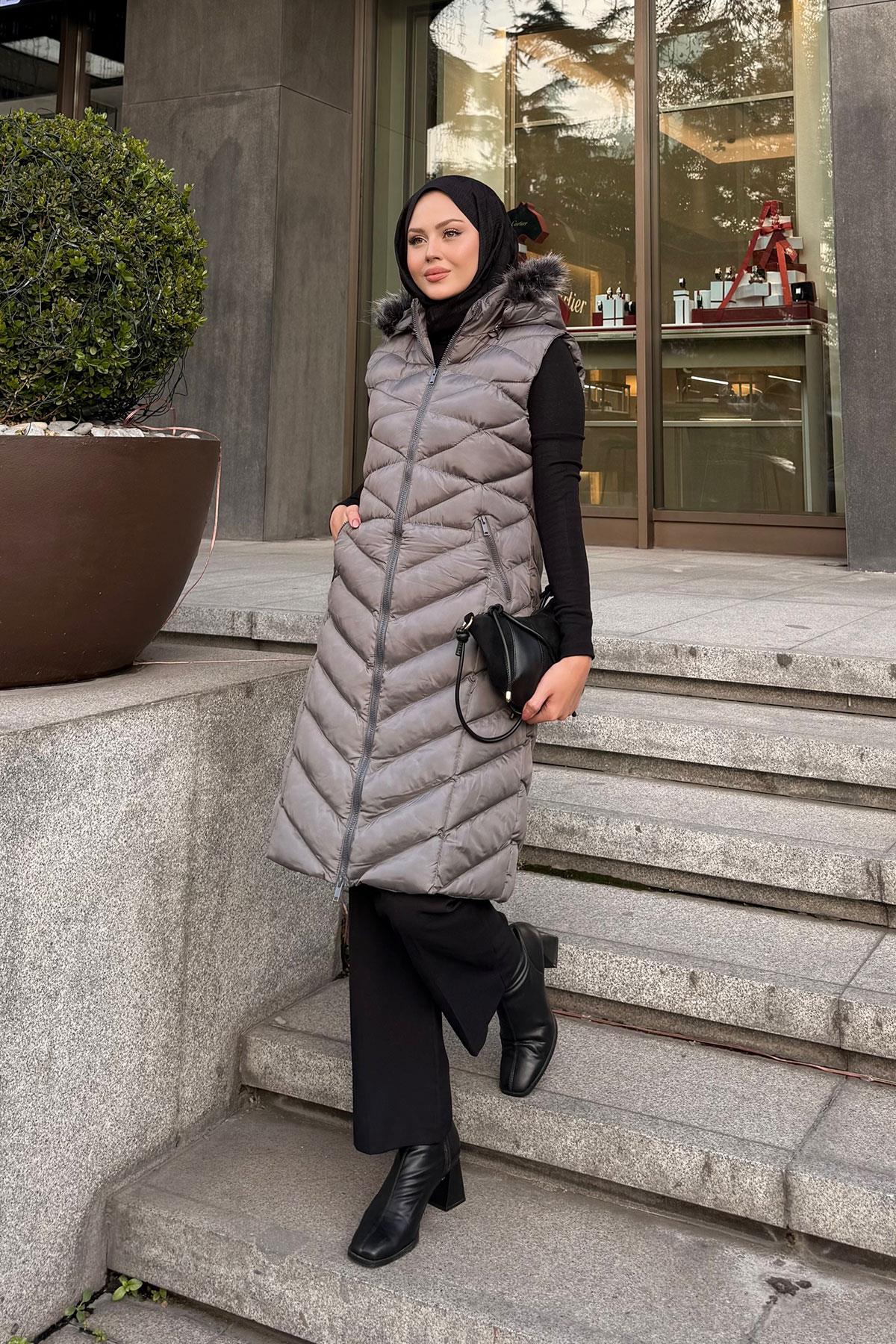 Kapüşonlu Kolsuz Şişme Yelek Gri