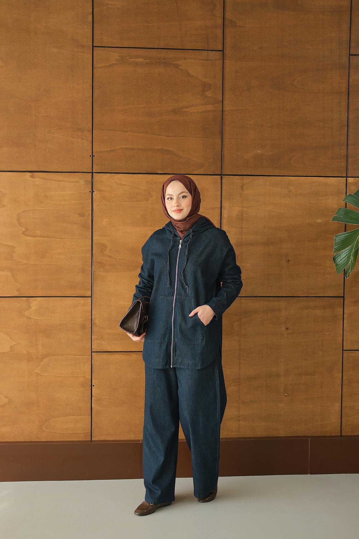 Kapüşonlu Kot Takım Lacivert