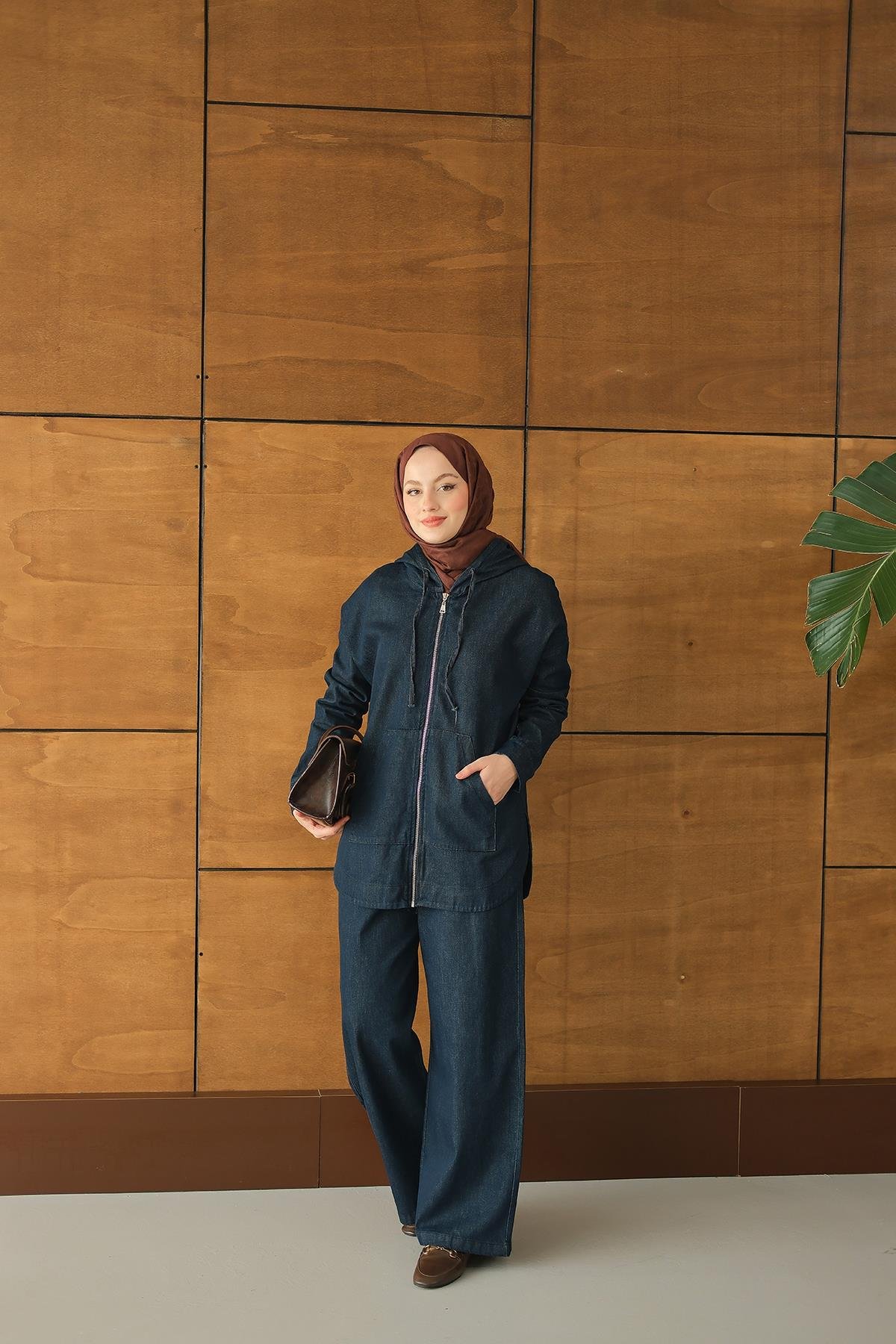 Kapüşonlu Kot Takım Lacivert
