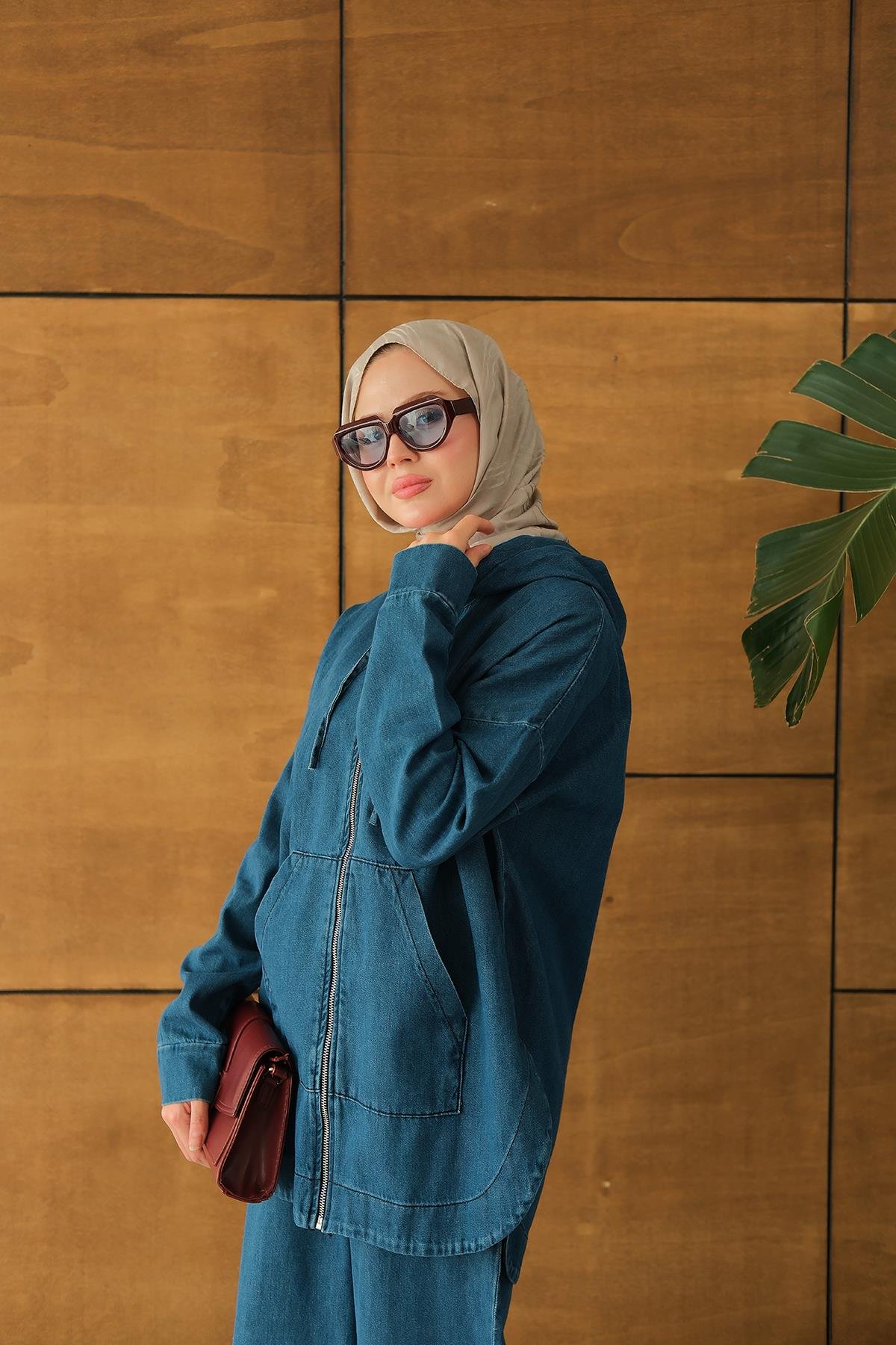 Kapüşonlu Kot Takım Mavi