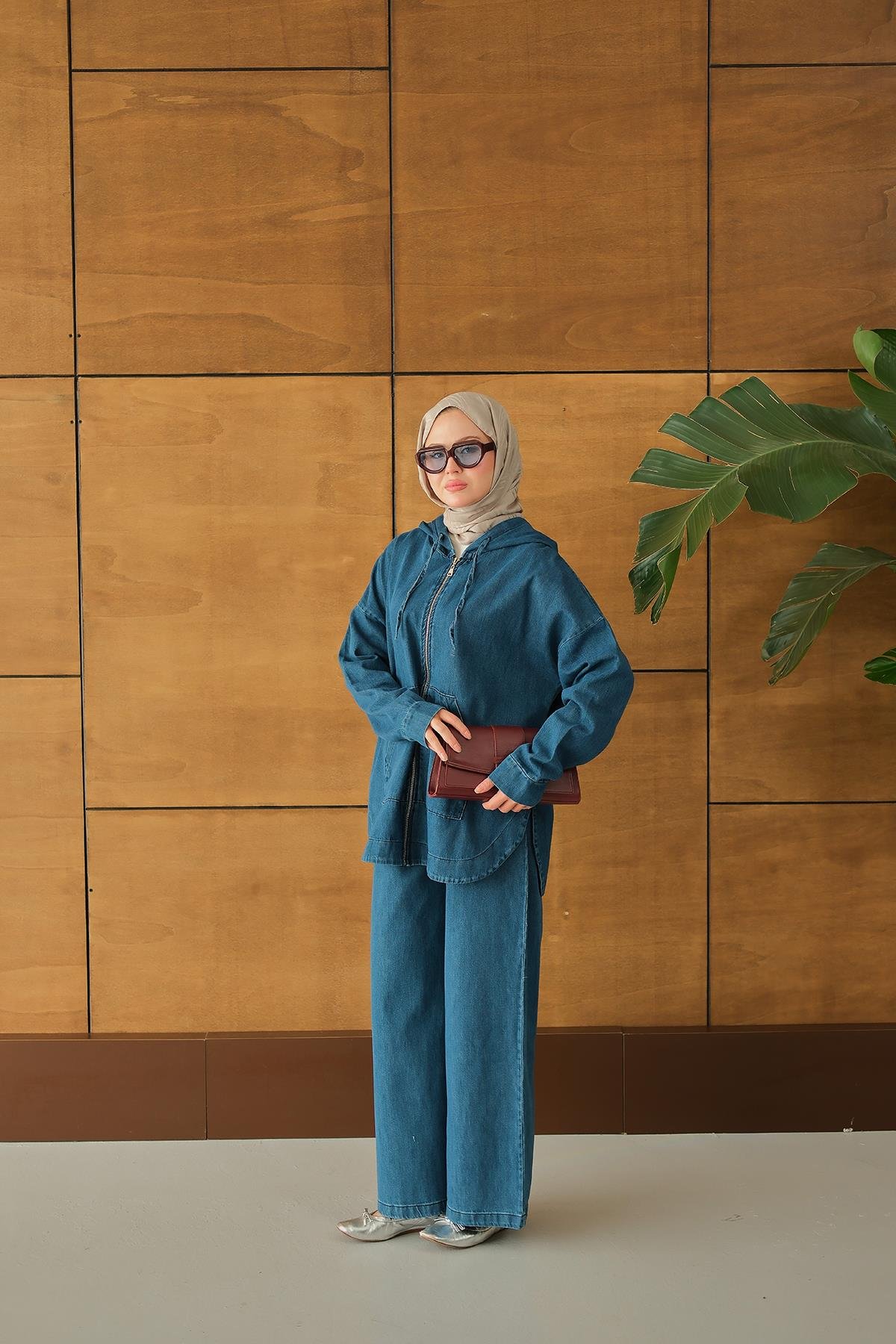 Kapüşonlu Kot Takım Mavi