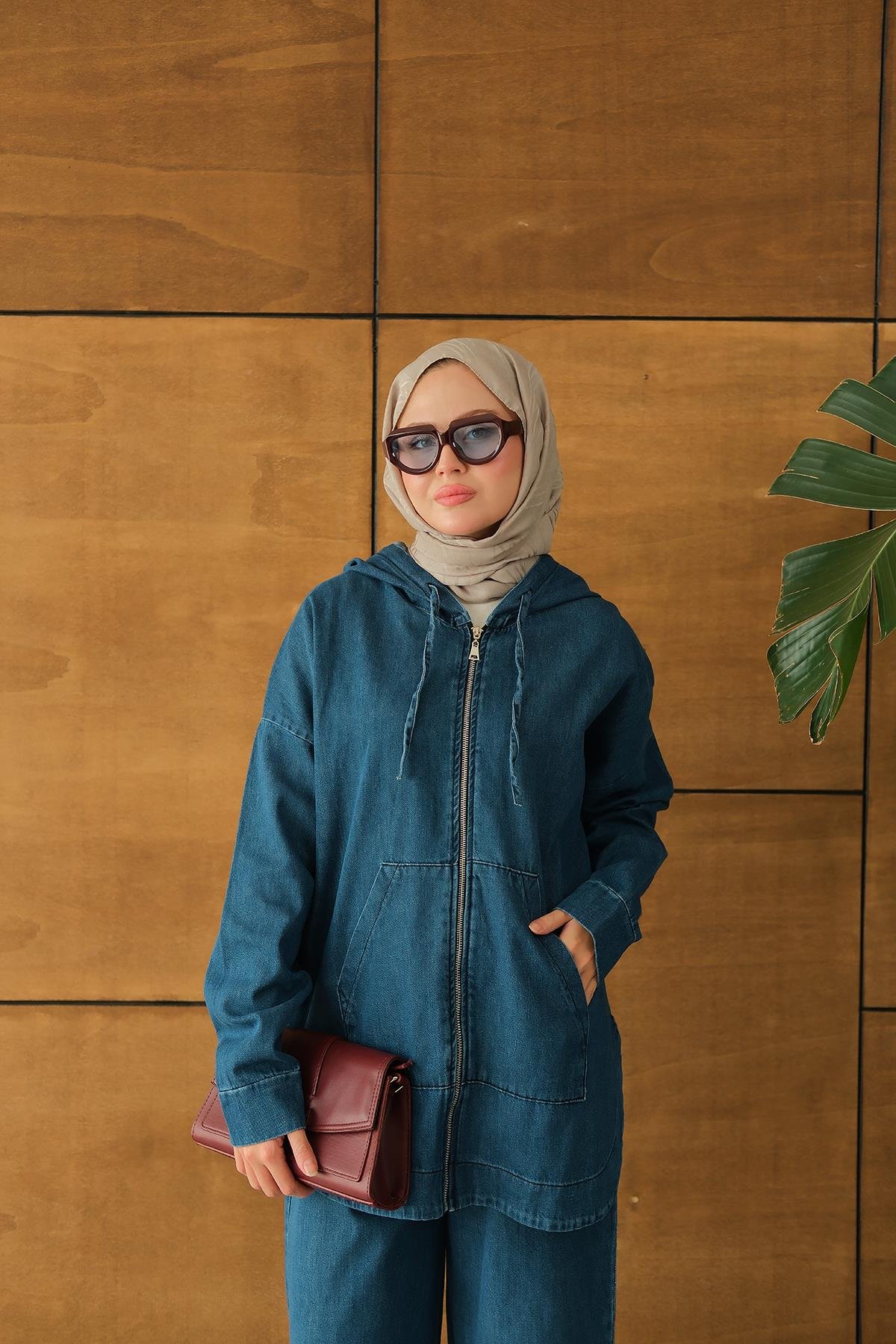 Kapüşonlu Kot Takım Mavi