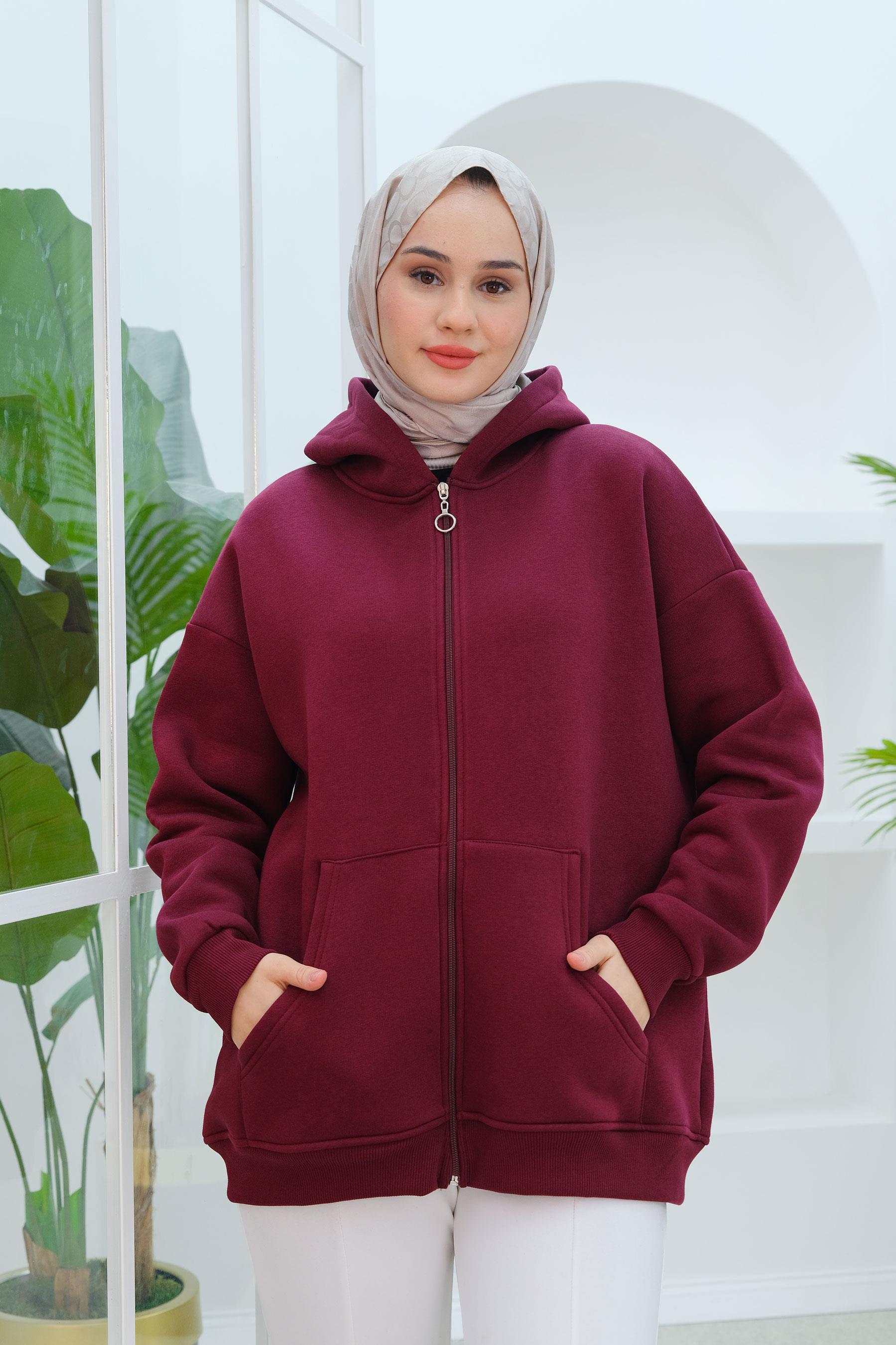 Kapüşonlu Oversize Hırka Bordo