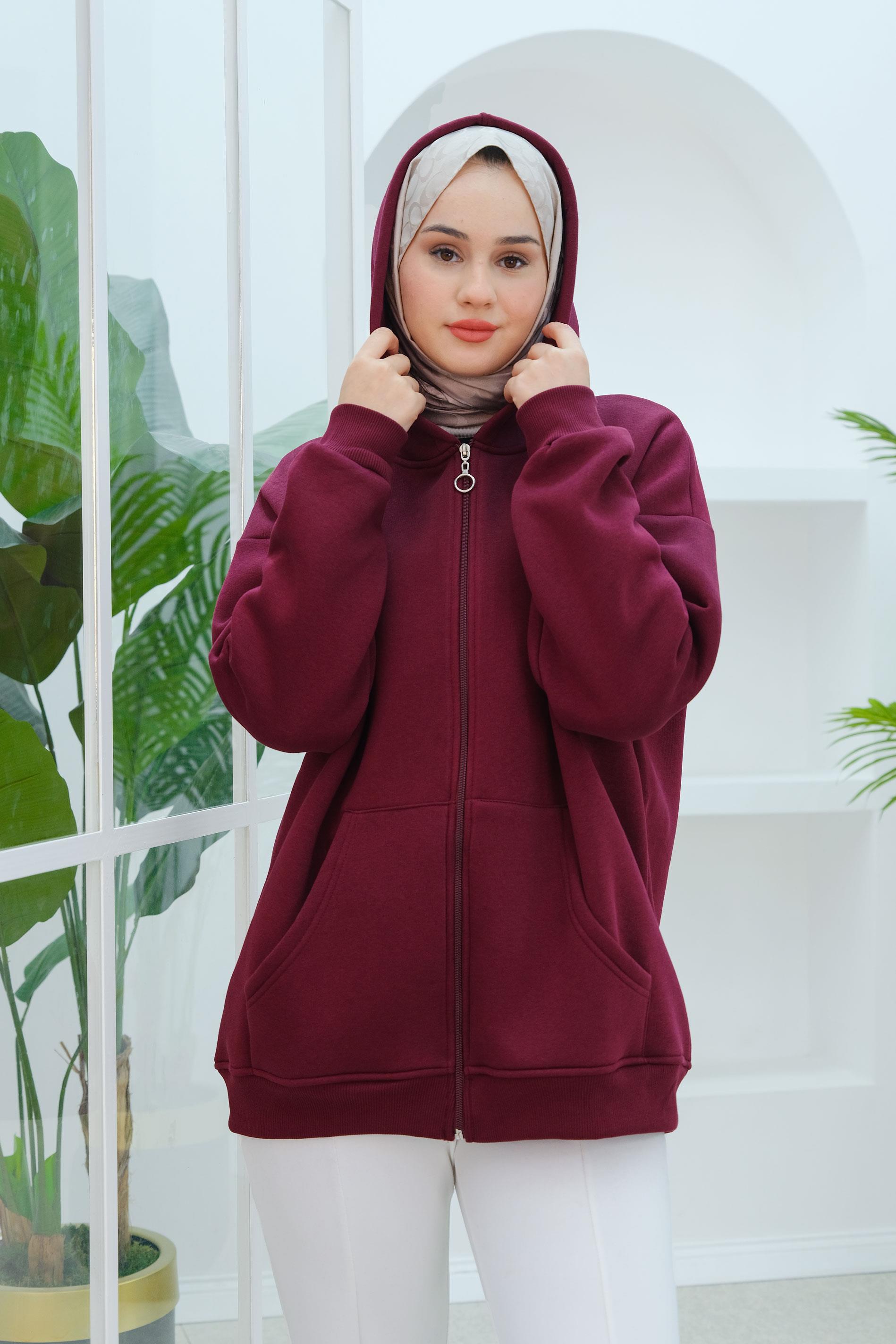 Kapüşonlu Oversize Hırka Bordo