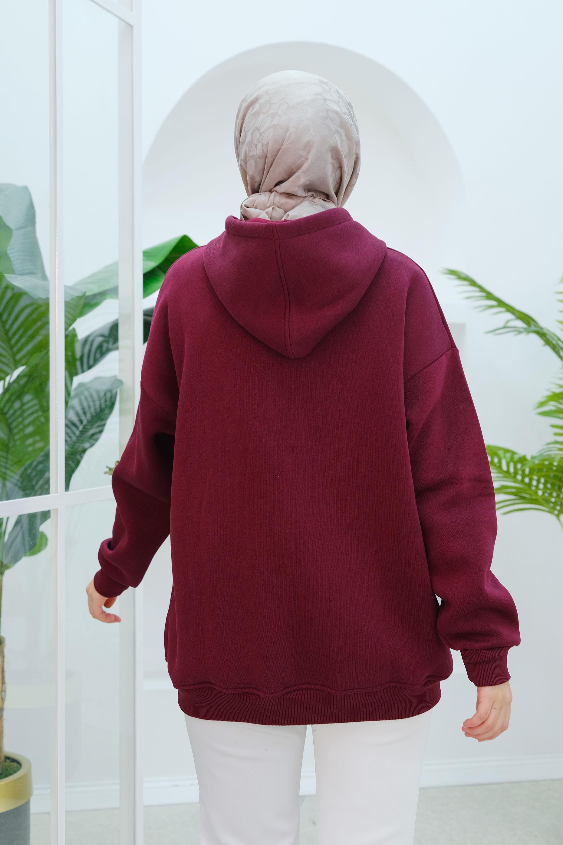 Kapüşonlu Oversize Hırka Bordo