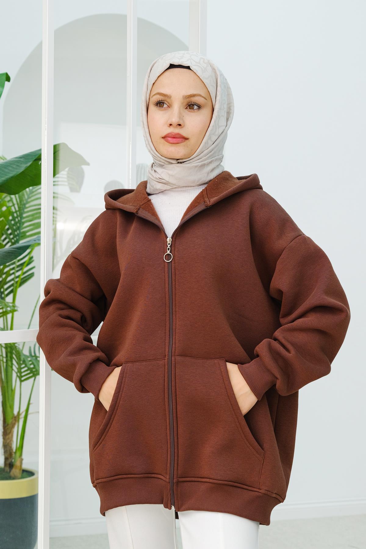 Kapüşonlu Oversize Hırka Kahverengi