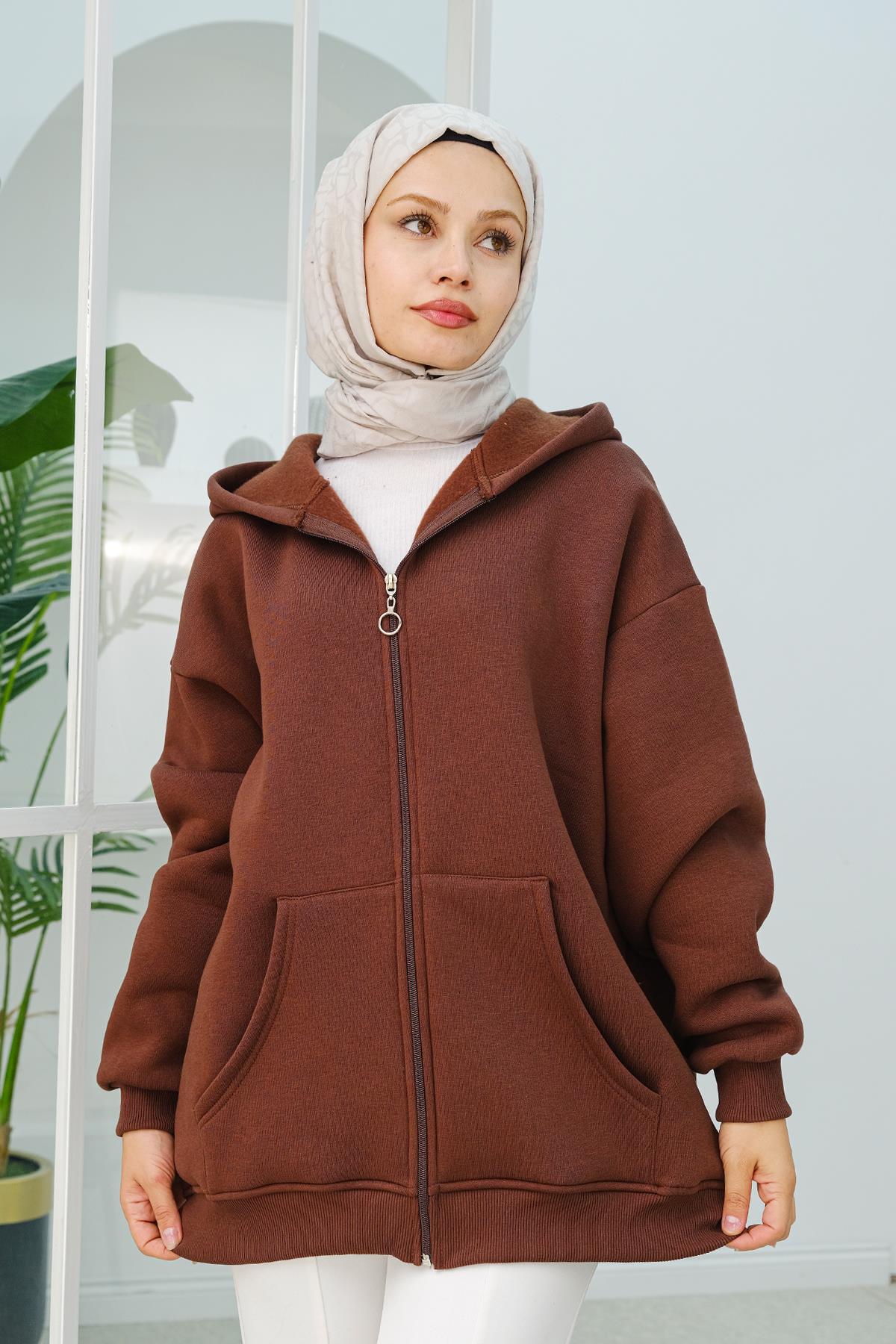 Kapüşonlu Oversize Hırka Kahverengi