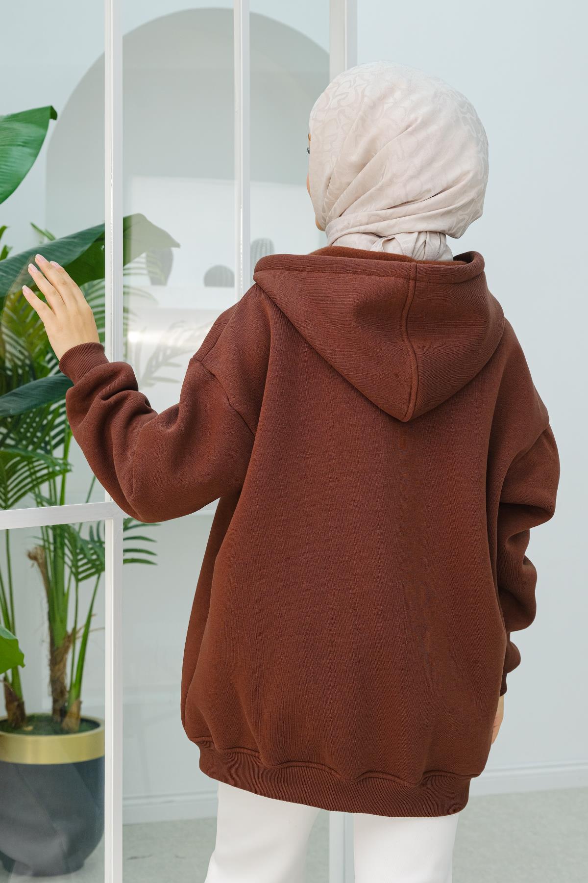 Kapüşonlu Oversize Hırka Kahverengi
