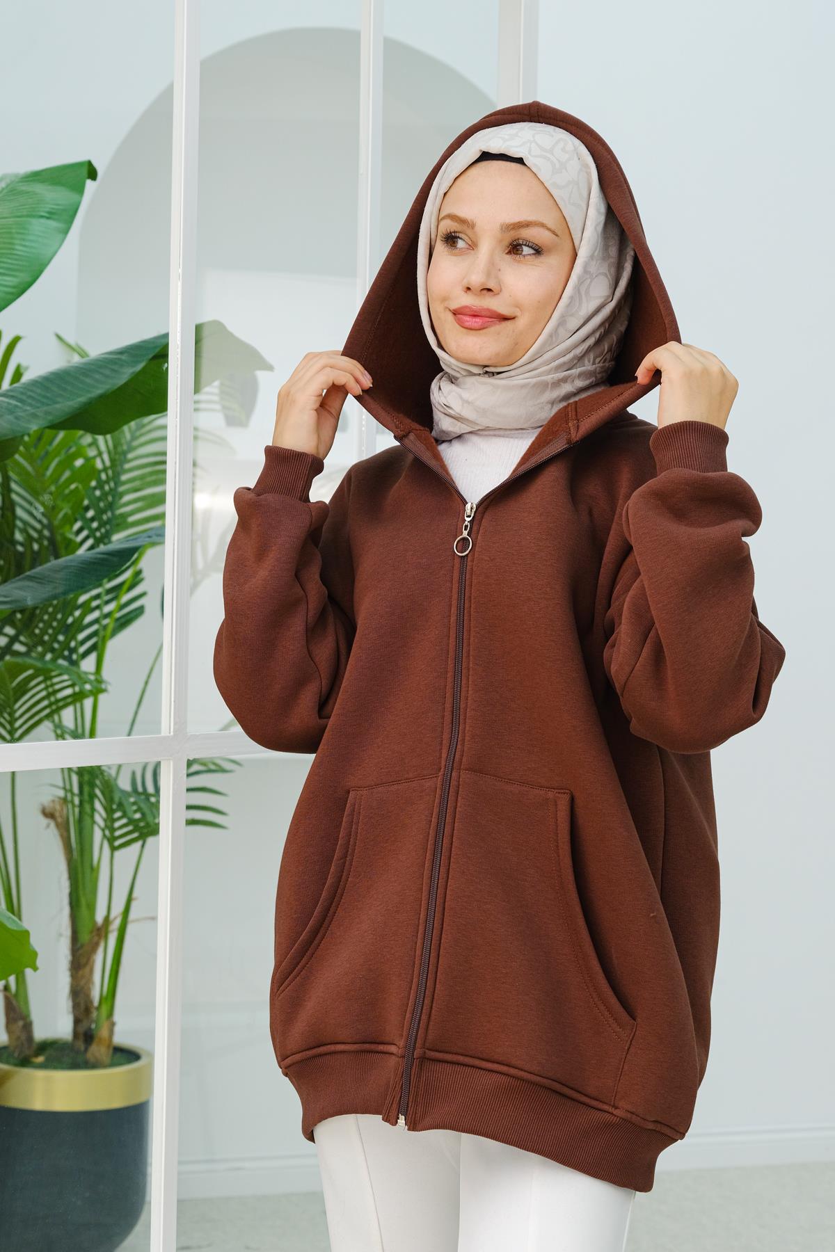 Kapüşonlu Oversize Hırka Kahverengi