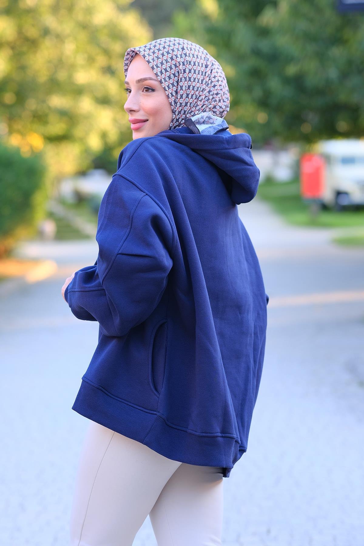 Kapüşonlu Oversize Sweat Saks Mavi