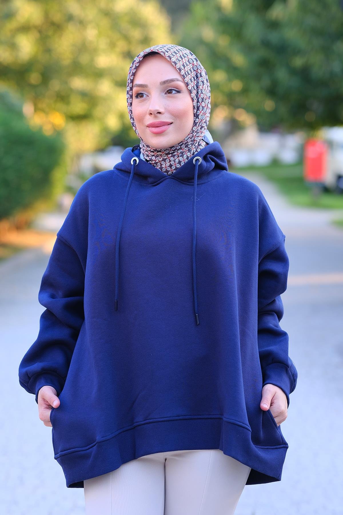 Kapüşonlu Oversize Sweat Saks Mavi