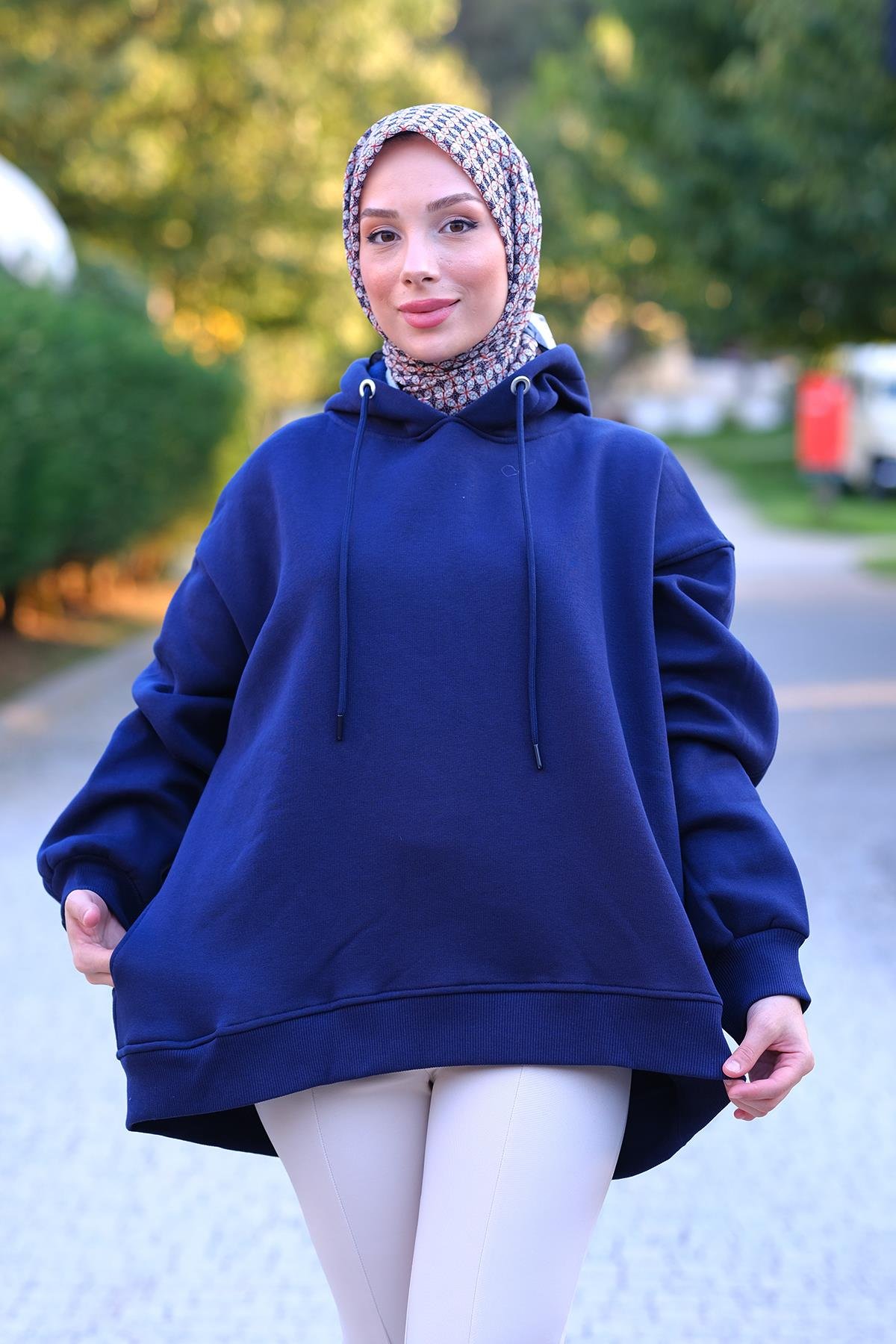 Kapüşonlu Oversize Sweat Saks Mavi