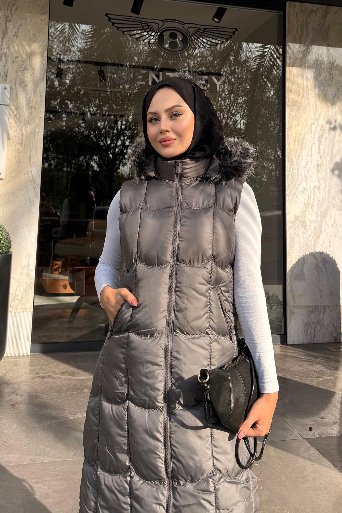 Kapüşonlu Şişme Yelek Gri