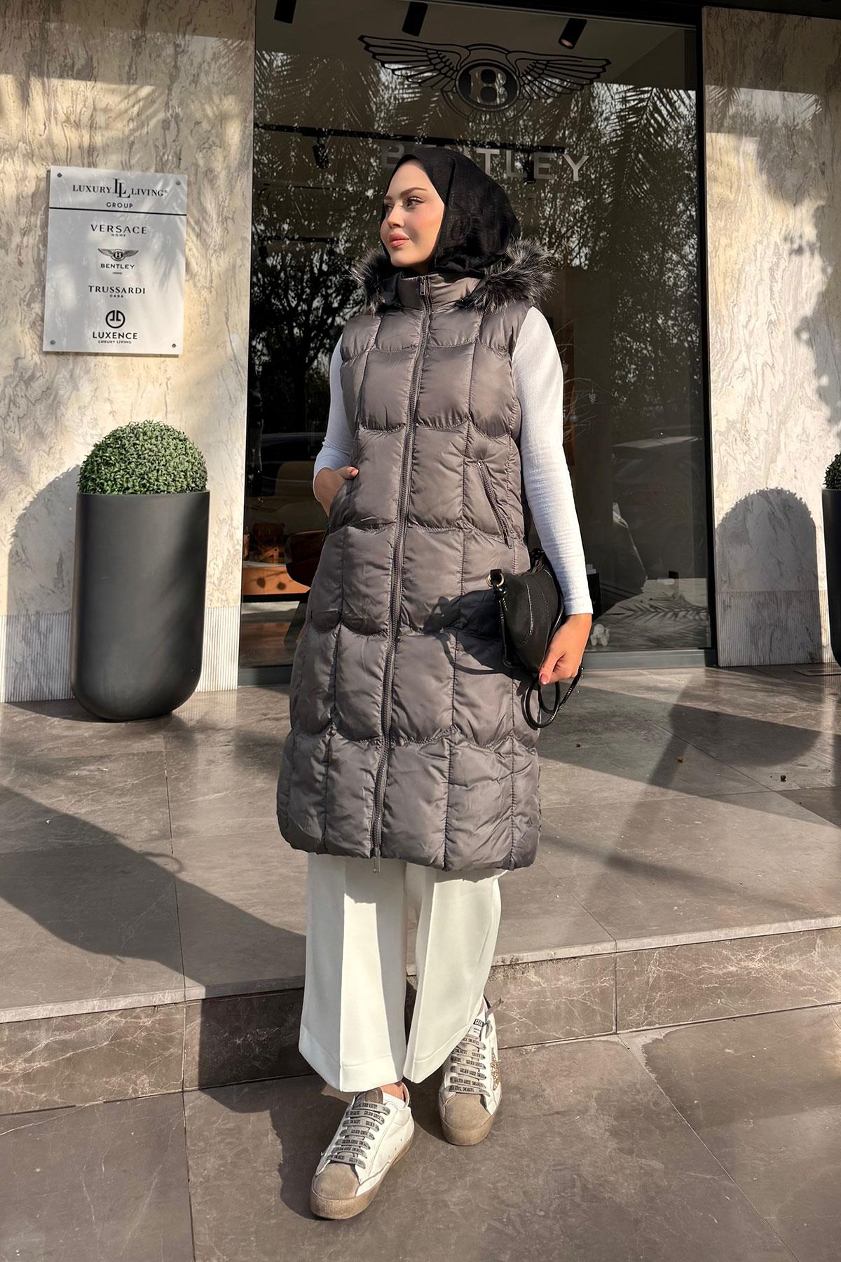 Kapüşonlu Şişme Yelek Gri