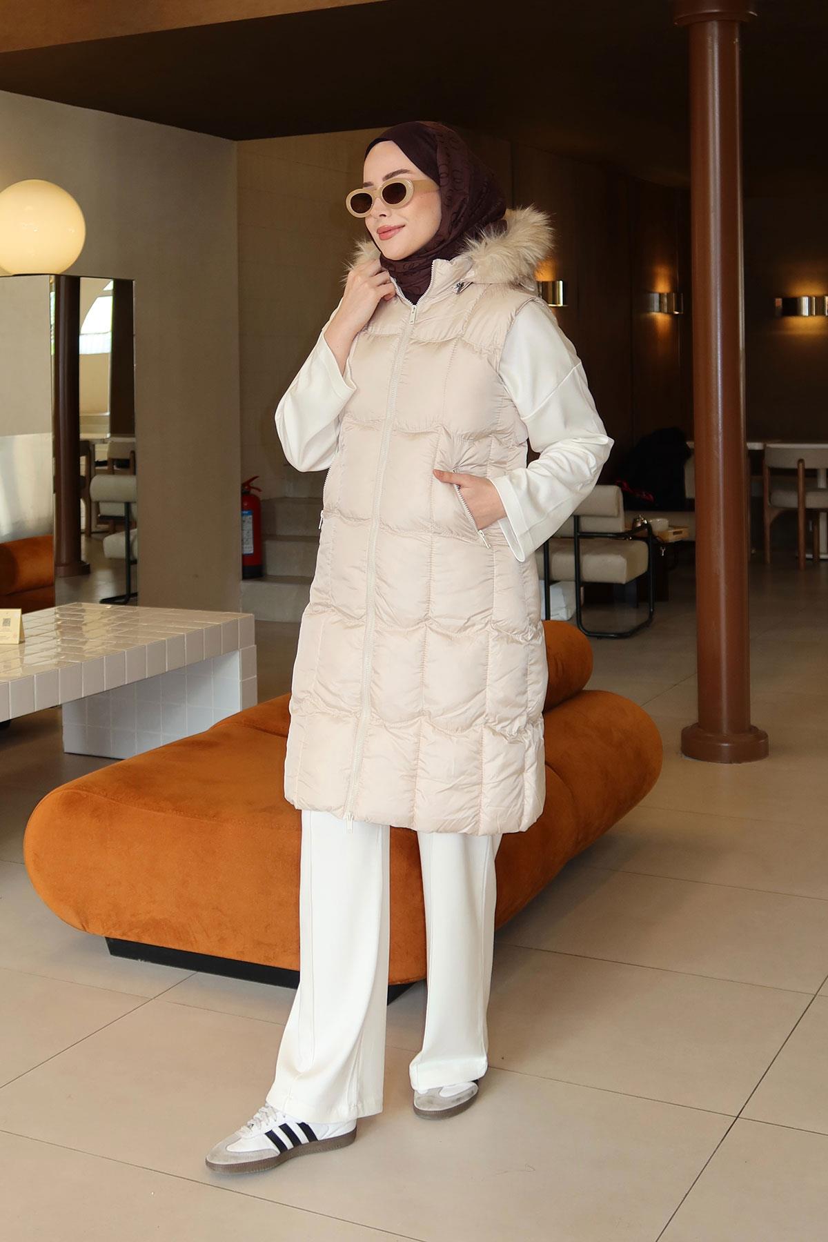 Kapüşonlu Şişme Yelek Krem