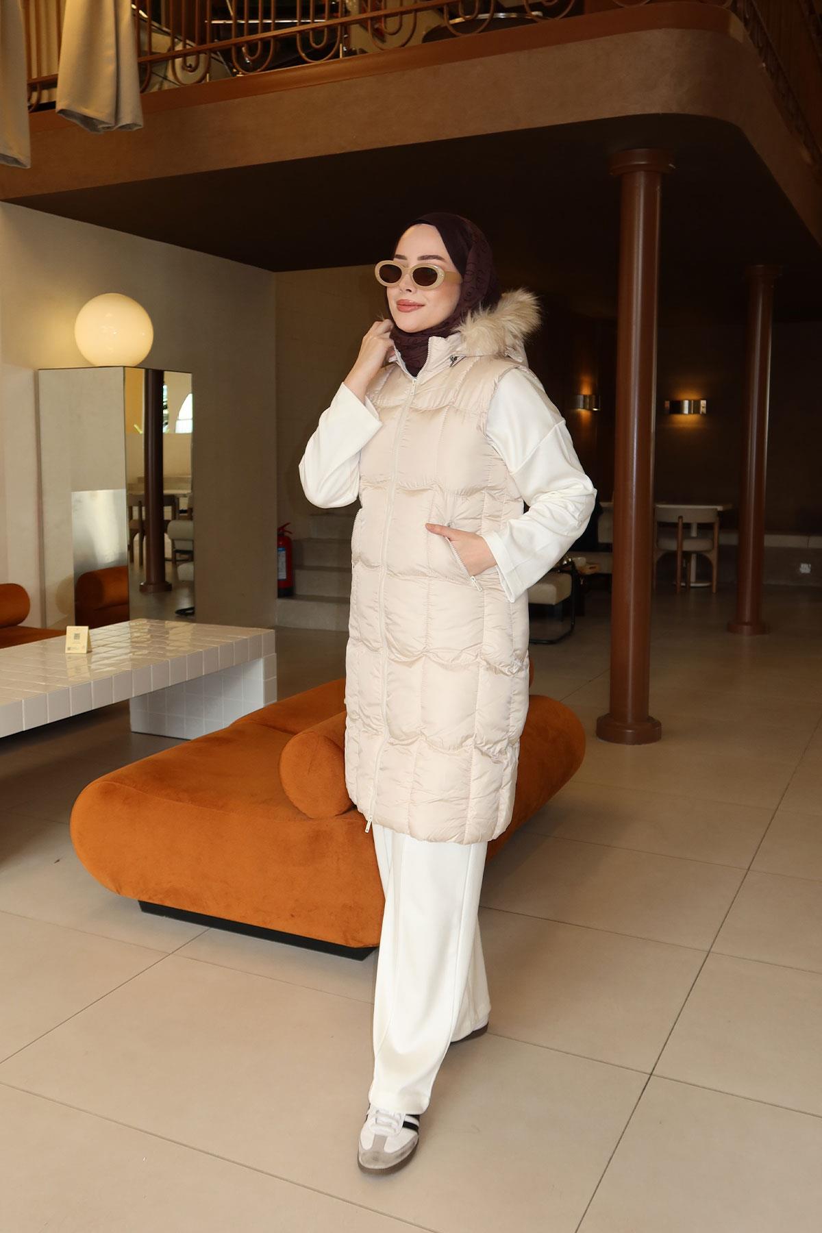 Kapüşonlu Şişme Yelek Krem