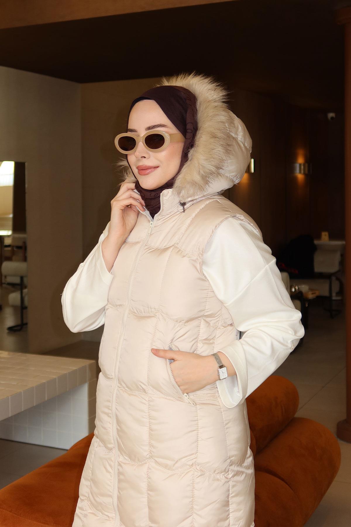 Kapüşonlu Şişme Yelek Krem