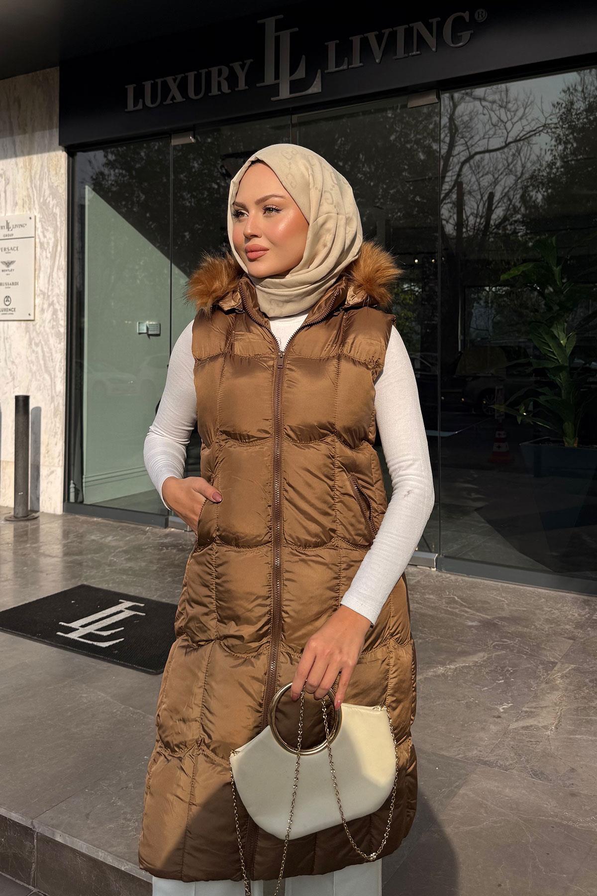 Kapüşonlu Şişme Yelek Taba