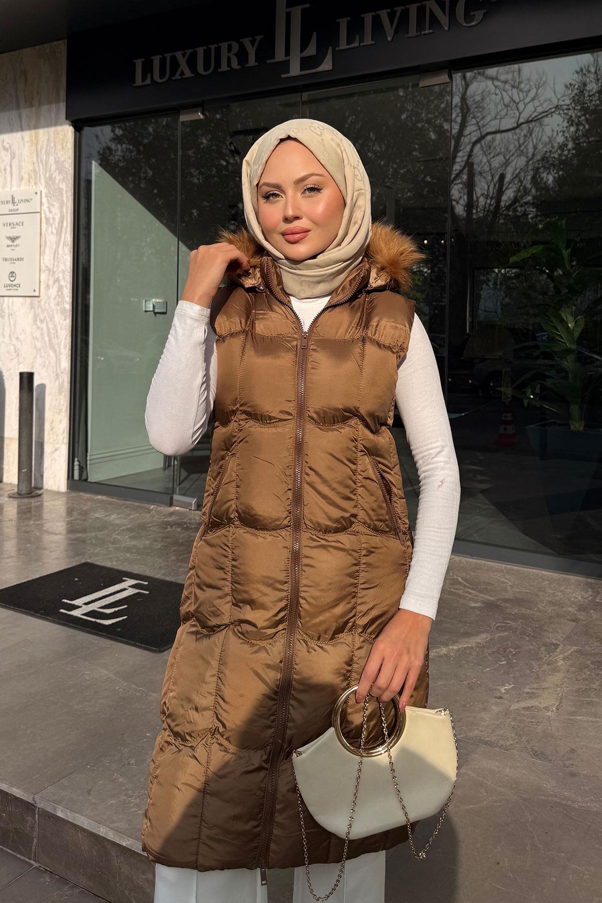 Kapüşonlu Şişme Yelek Taba