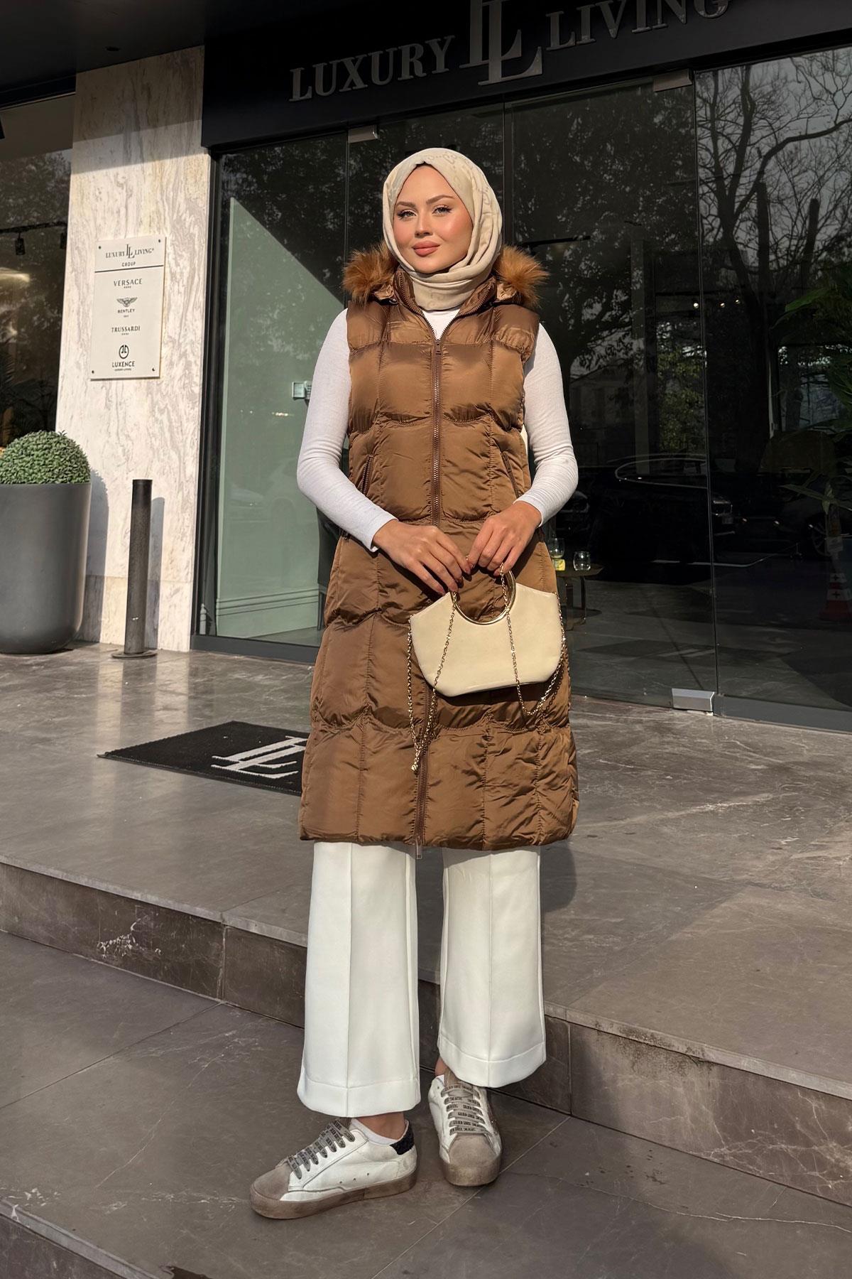 Kapüşonlu Şişme Yelek Taba