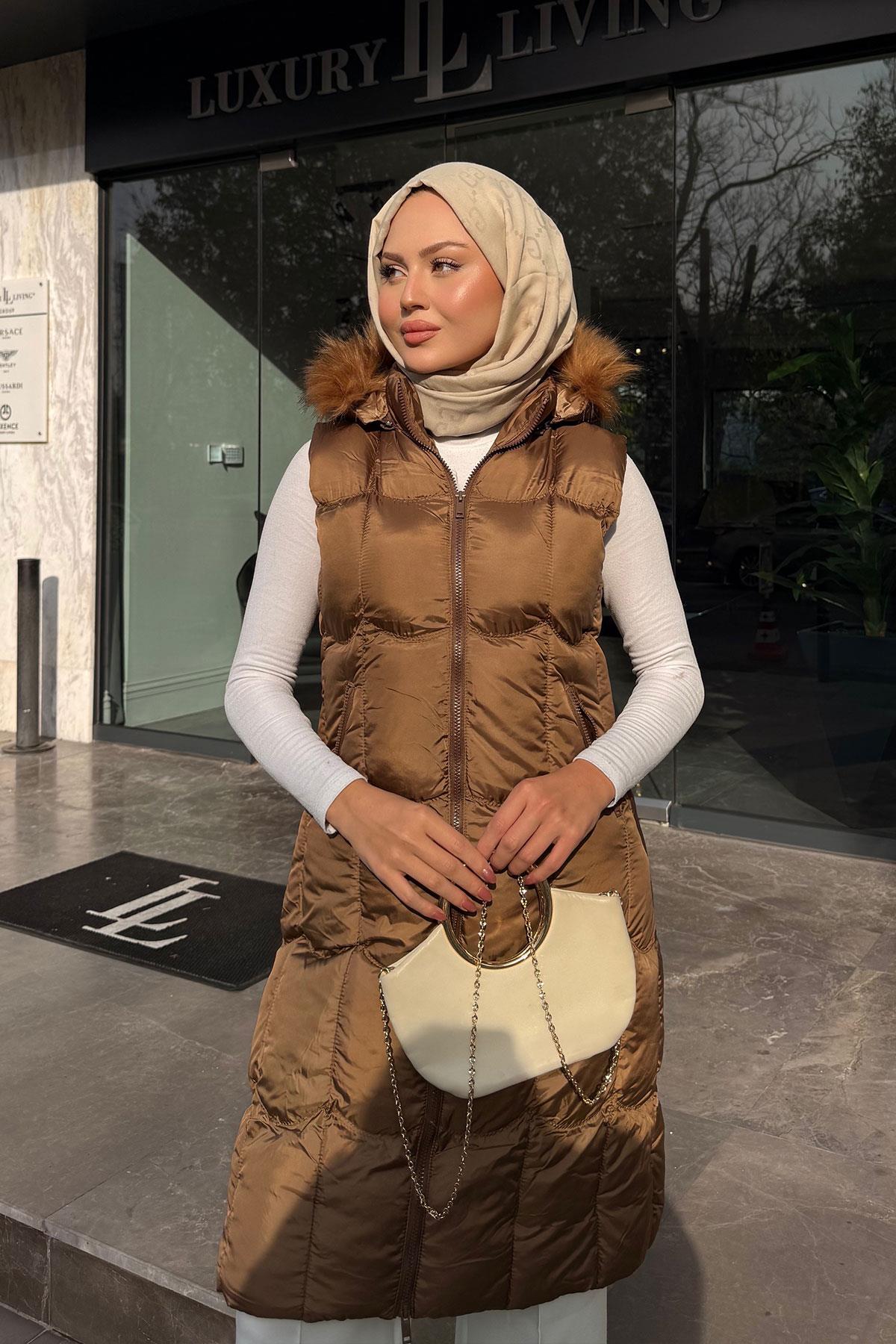 Kapüşonlu Şişme Yelek Taba