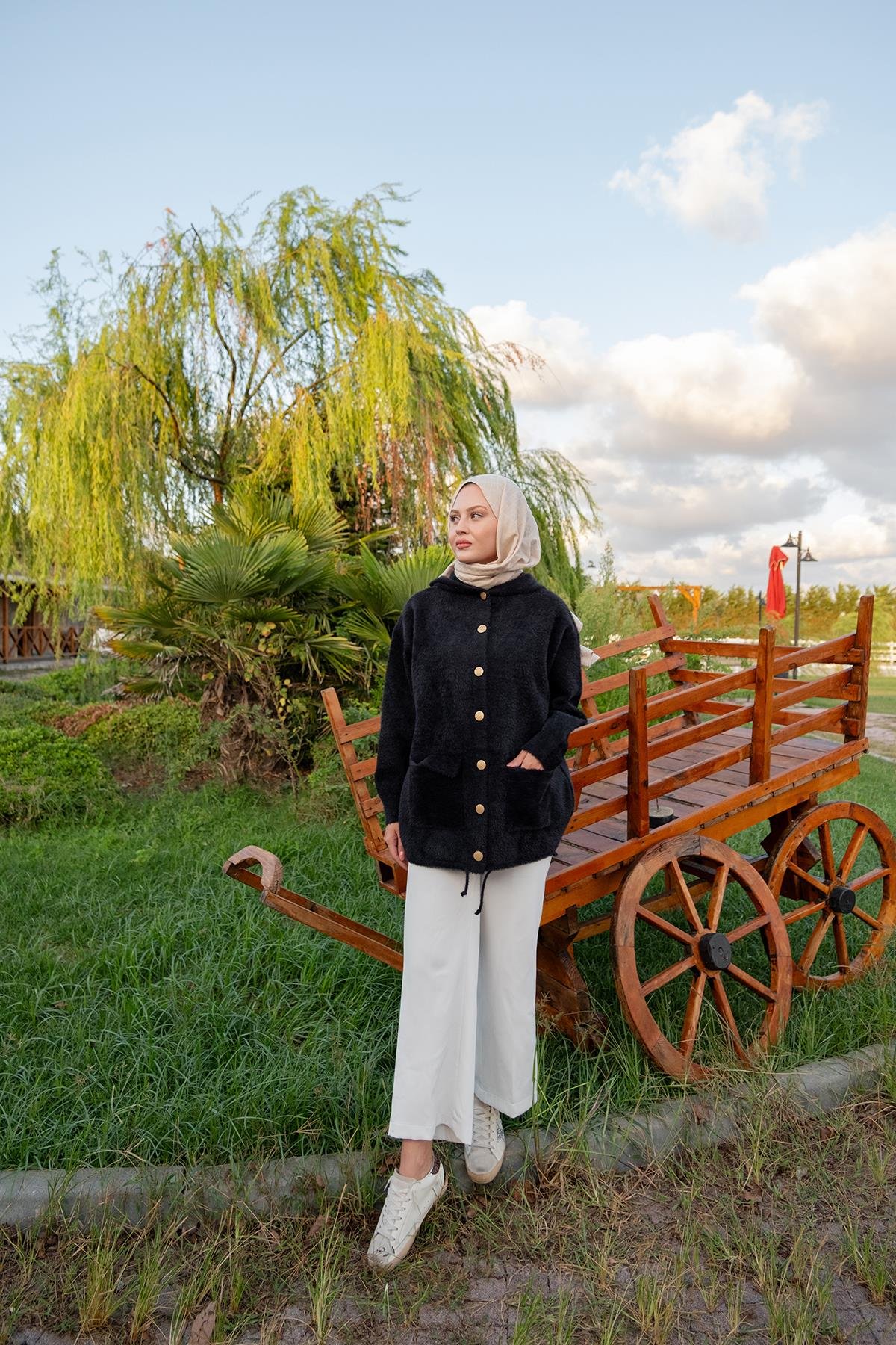 Kapüşonlu Triko Ceket Siyah