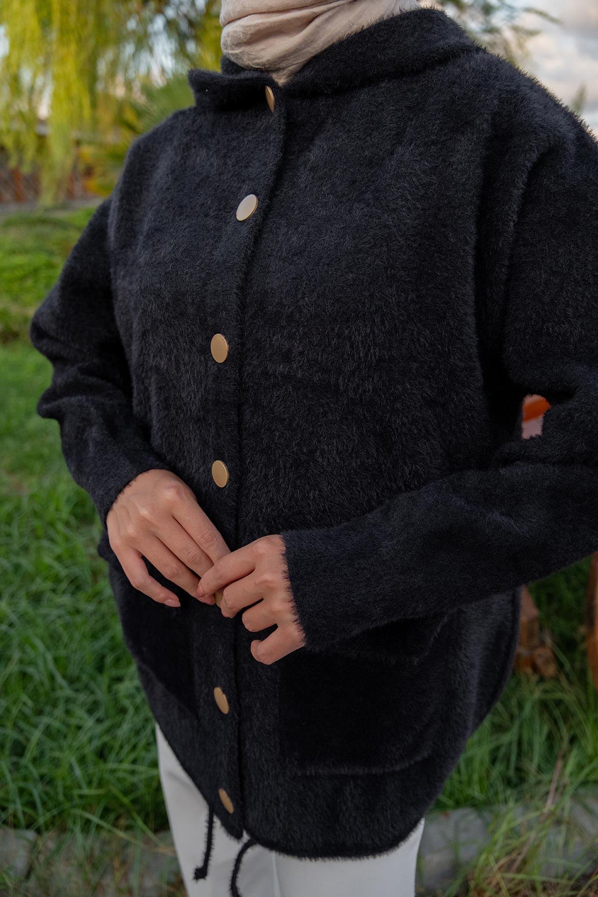 Kapüşonlu Triko Ceket Siyah