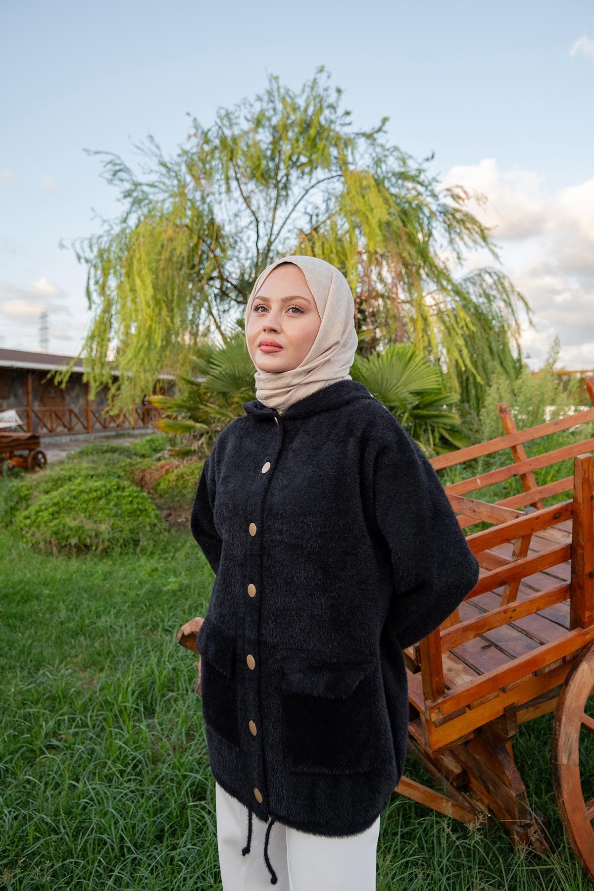 Kapüşonlu Triko Ceket Siyah