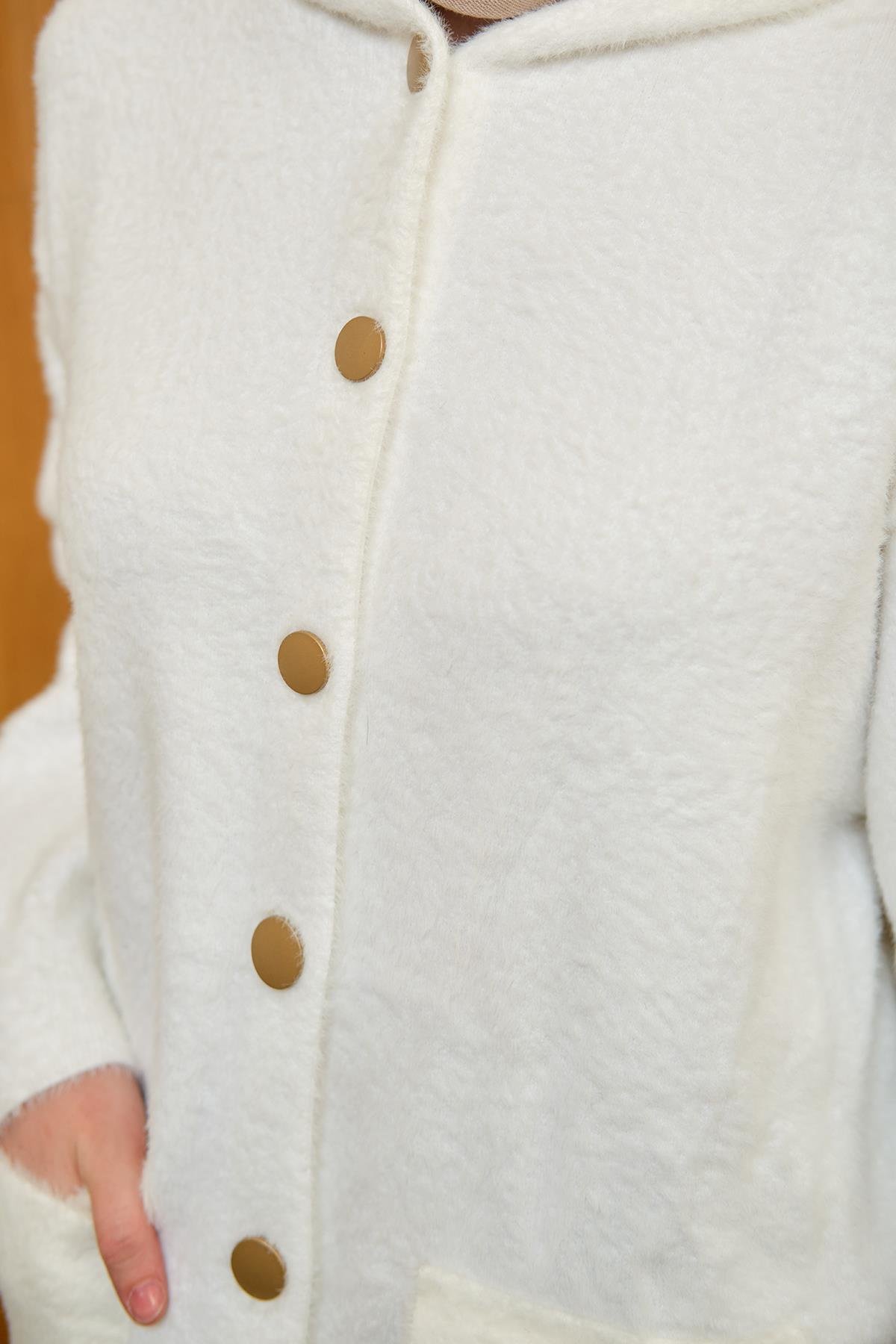 Kapüşonlu Triko Hırka Beyaz