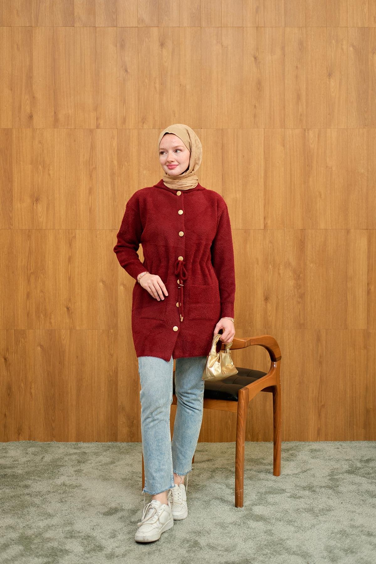 Kapüşonlu Triko Hırka Bordo