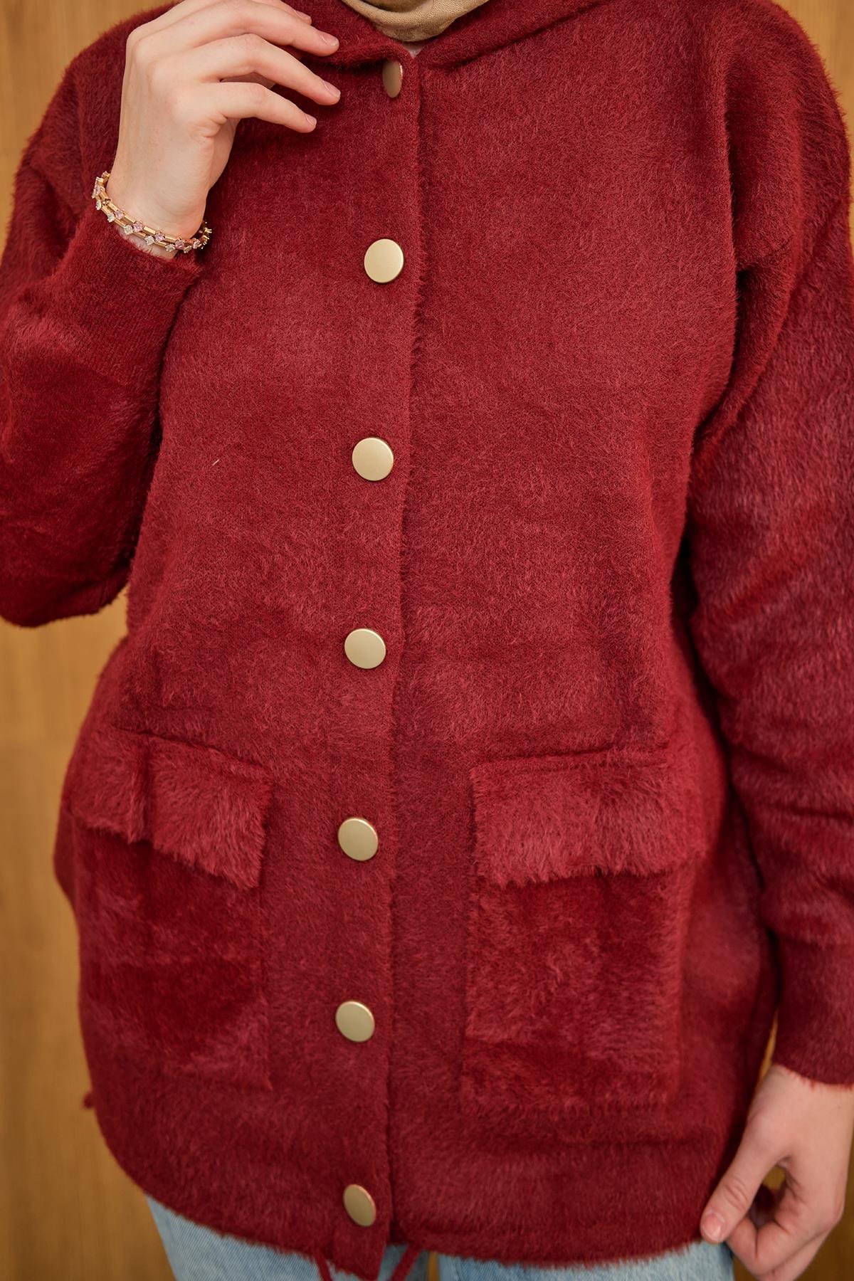 Kapüşonlu Triko Hırka Bordo